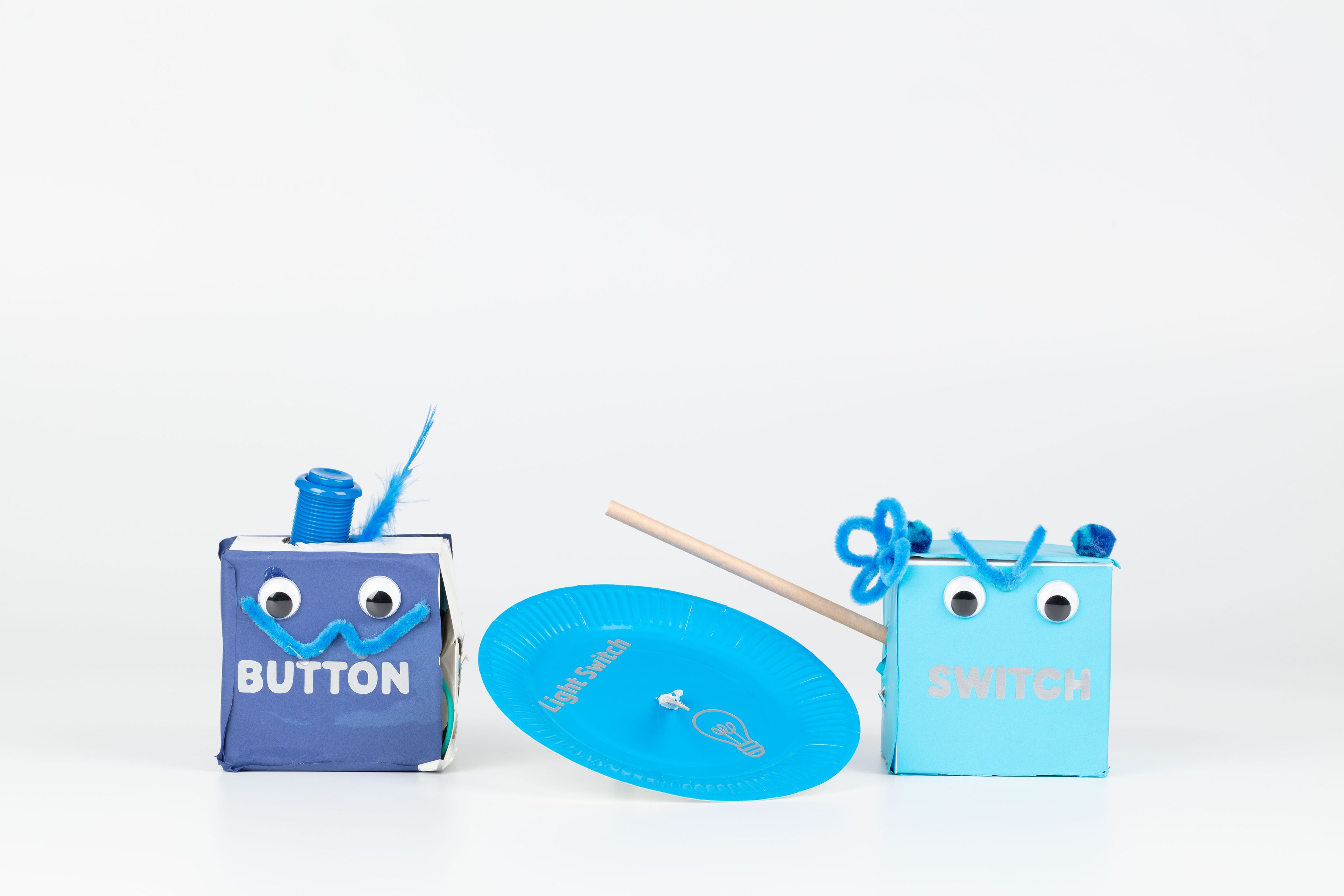 Image of a hand crafted mechanical device against a white background. Two blue cubes decorated with googly eyes, pipe cleaners and feathers, the left cube is labelled ‘BUTTON’ and the right labelled ‘SWITCH’, a blue disposable circle plate between them labelled ‘Light Switch’.