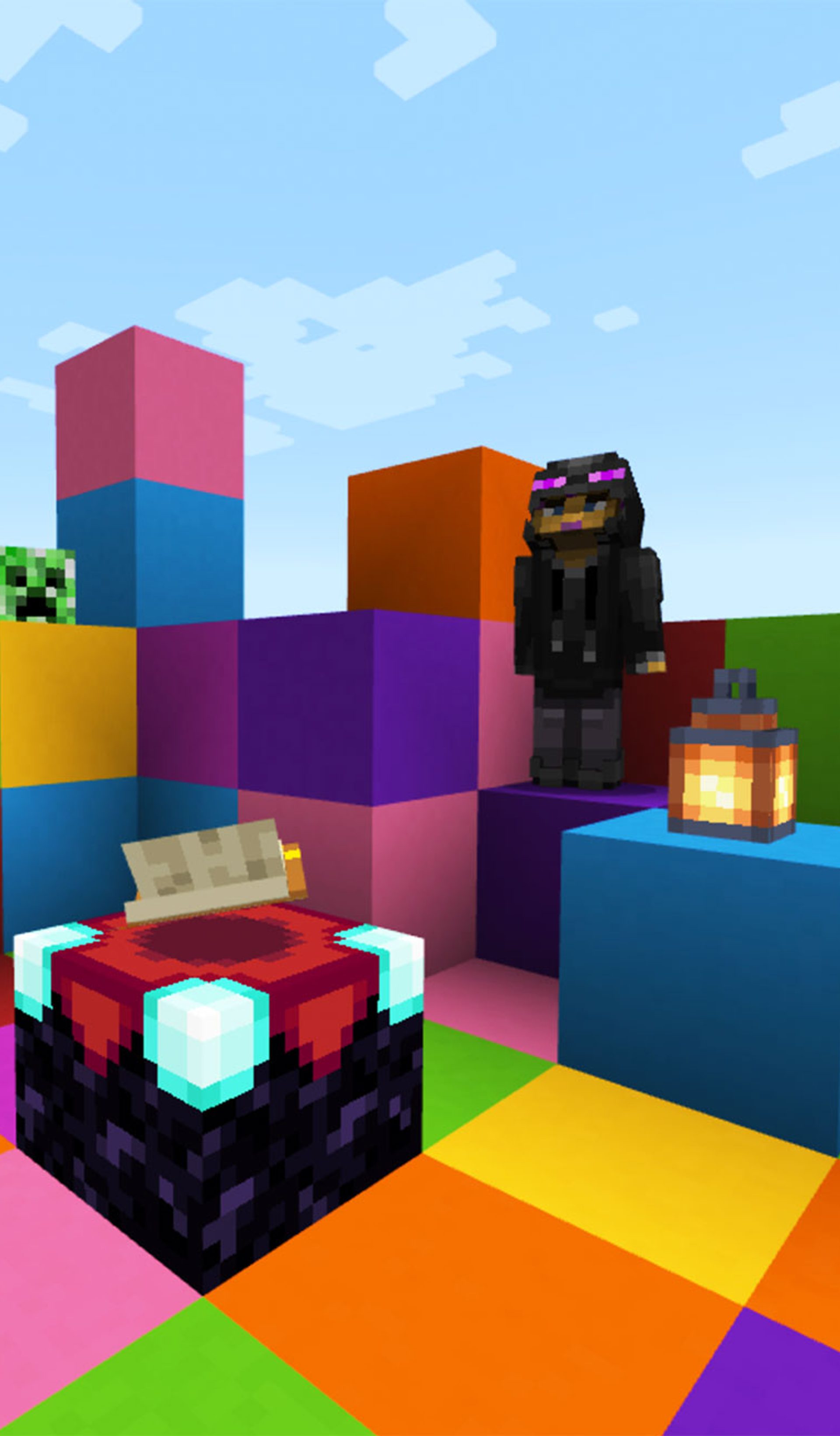 Three animated Minecraft characters stand around an enchantment table.