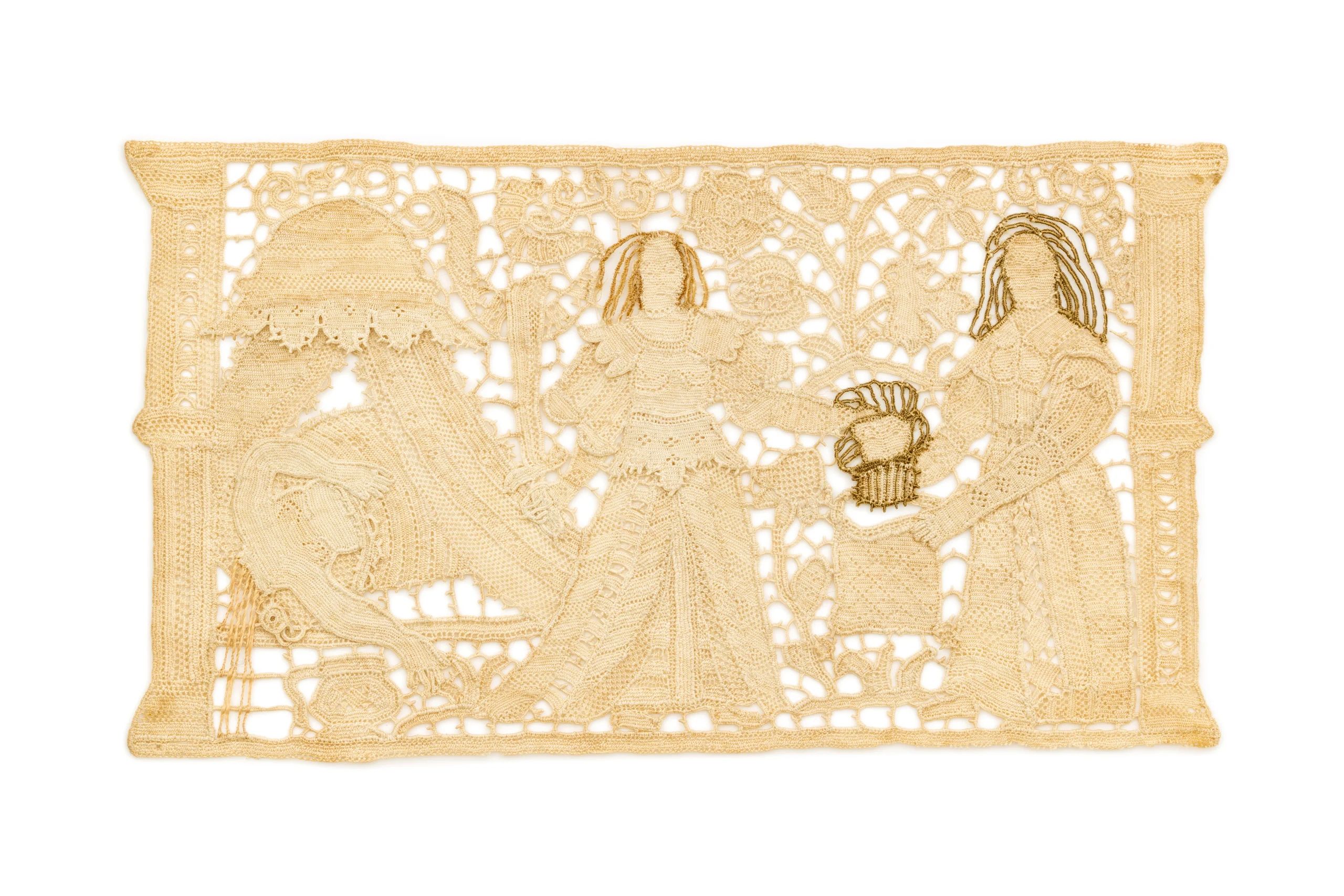 Lace panel showing women amongst a garden.