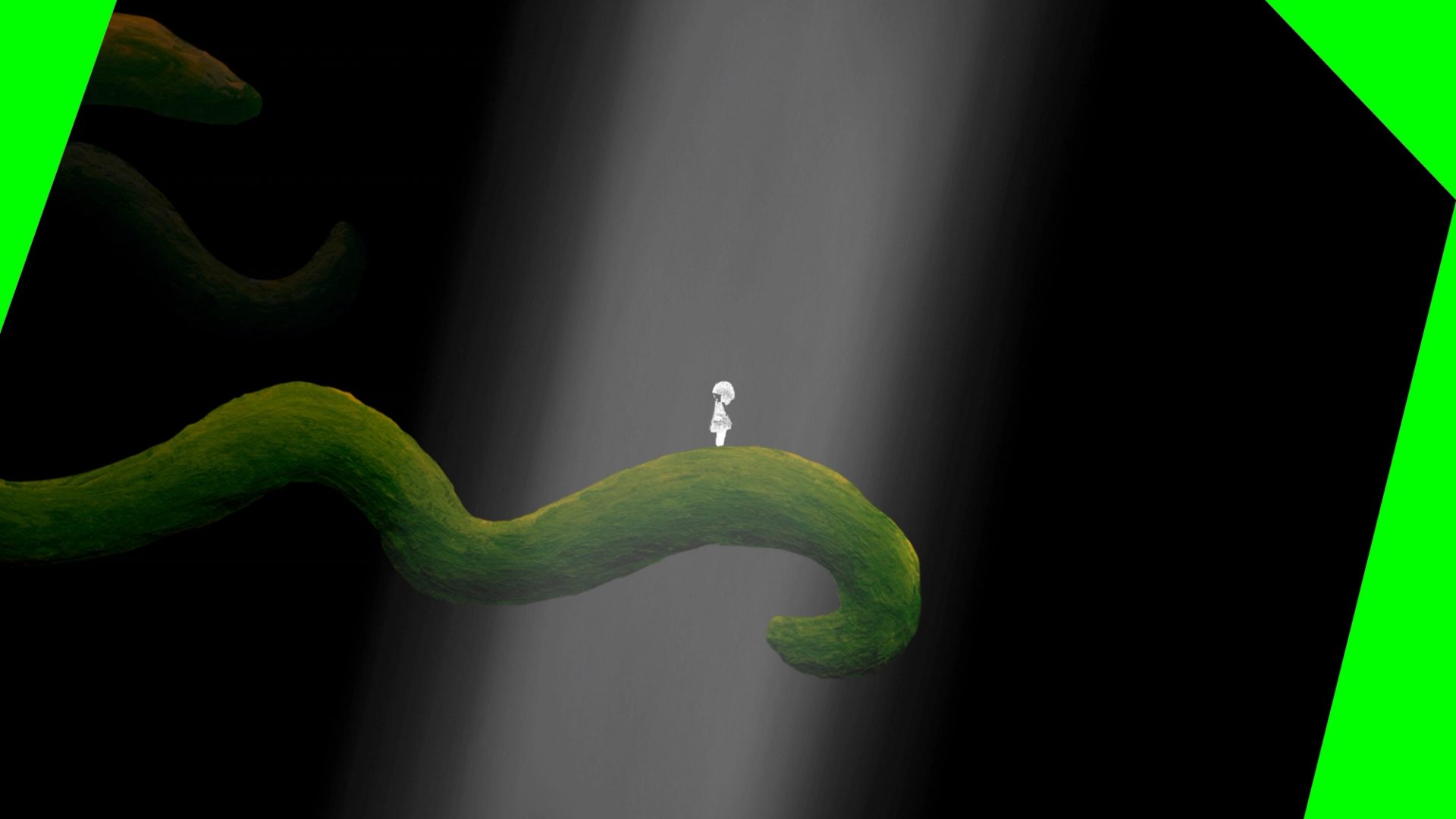 Figure standing on a long leaf.
