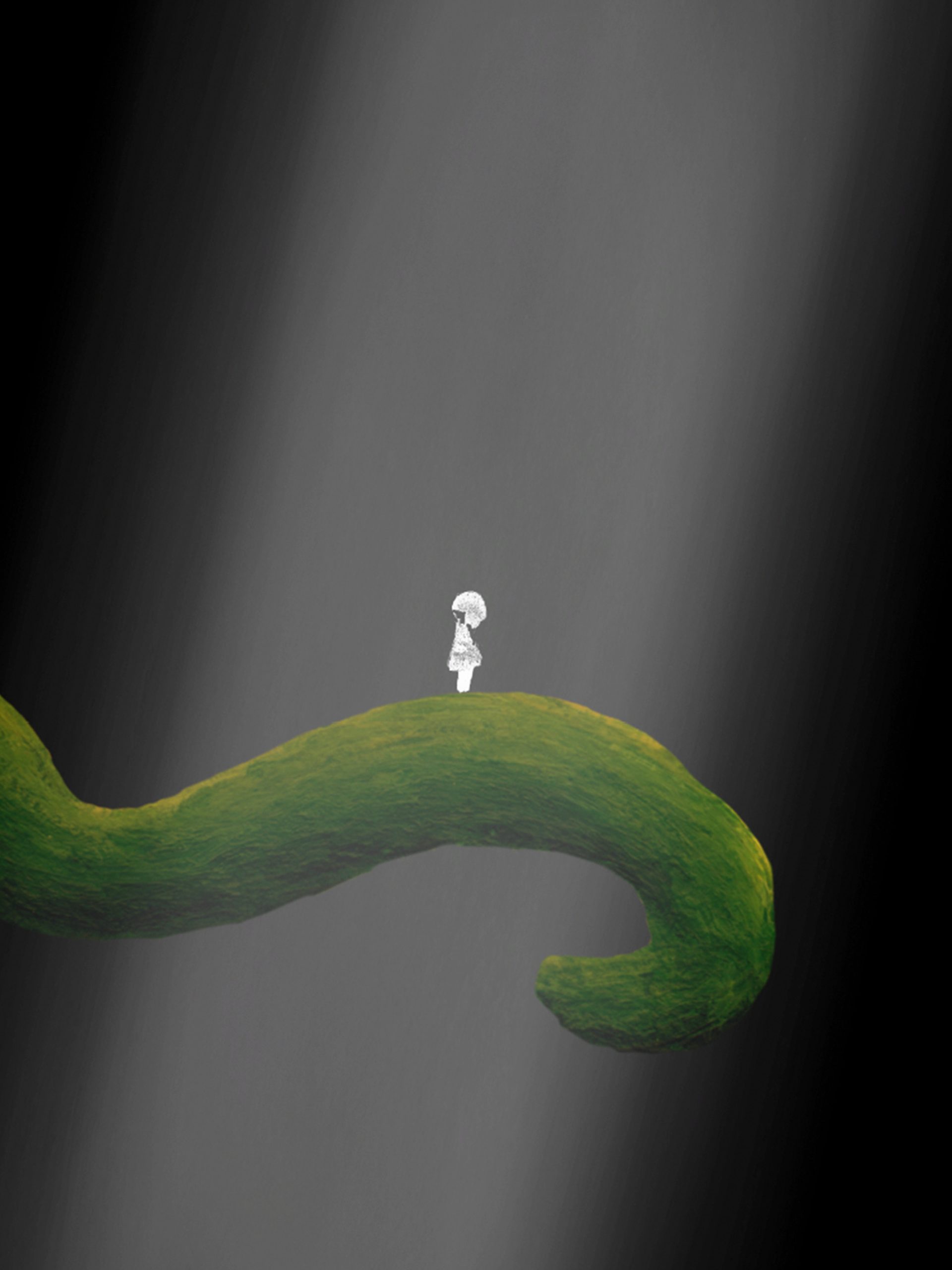 Figure standing on a long leaf.