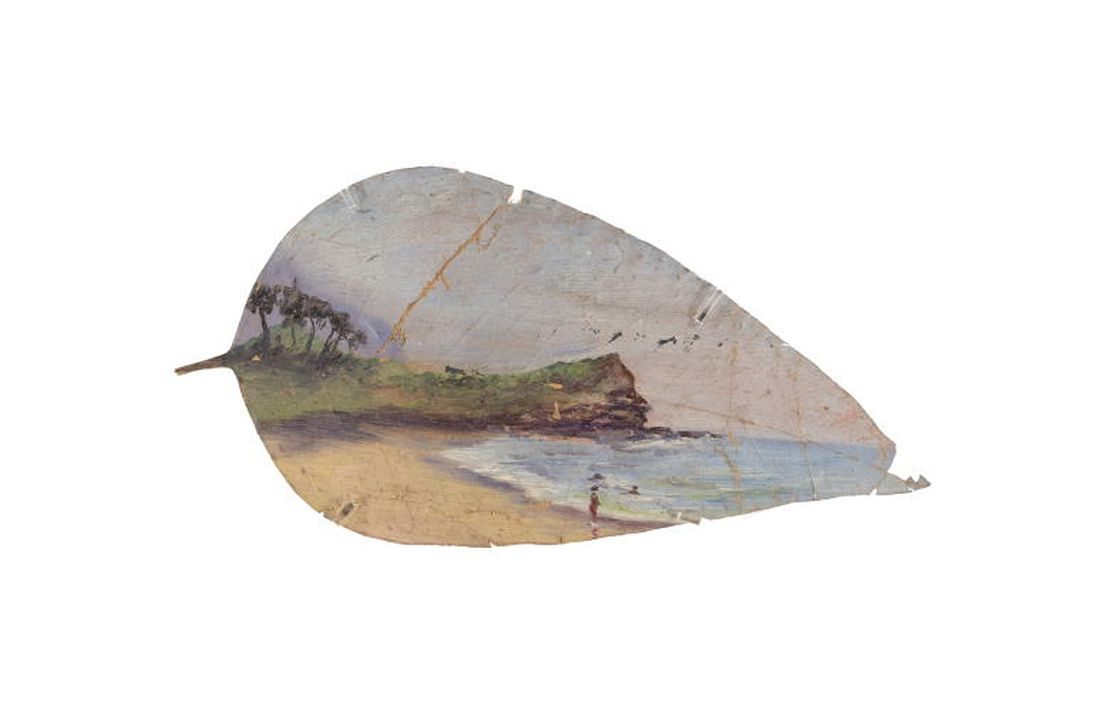 Australian landscape in oils on gum leaf. Subject of sea and headland, figure on shoreline.