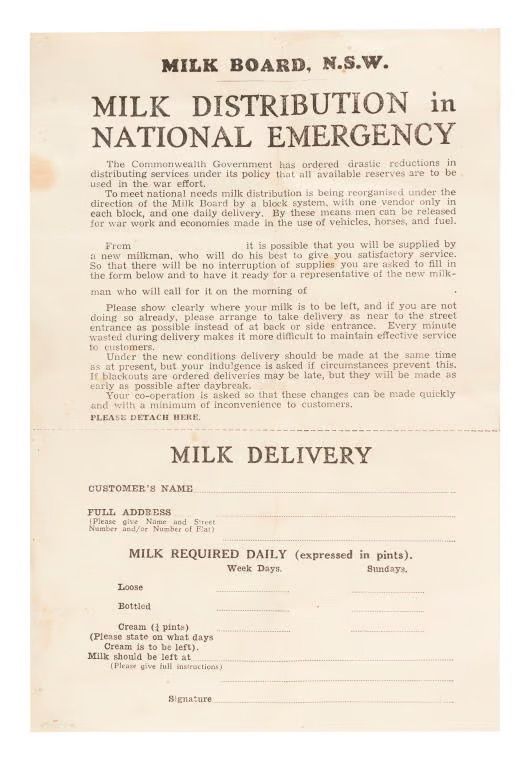 A leaflet with text: 'MILK BOARD, N.S.W./MILK DISTRIBUTION in NATIONAL EMERGENCY'.