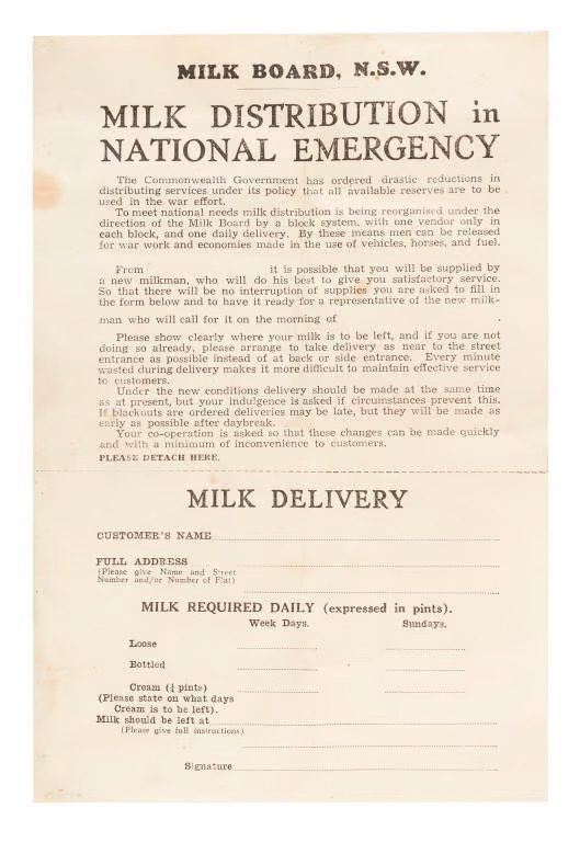 A leaflet with text: 'MILK BOARD, N.S.W./MILK DISTRIBUTION in NATIONAL EMERGENCY'.