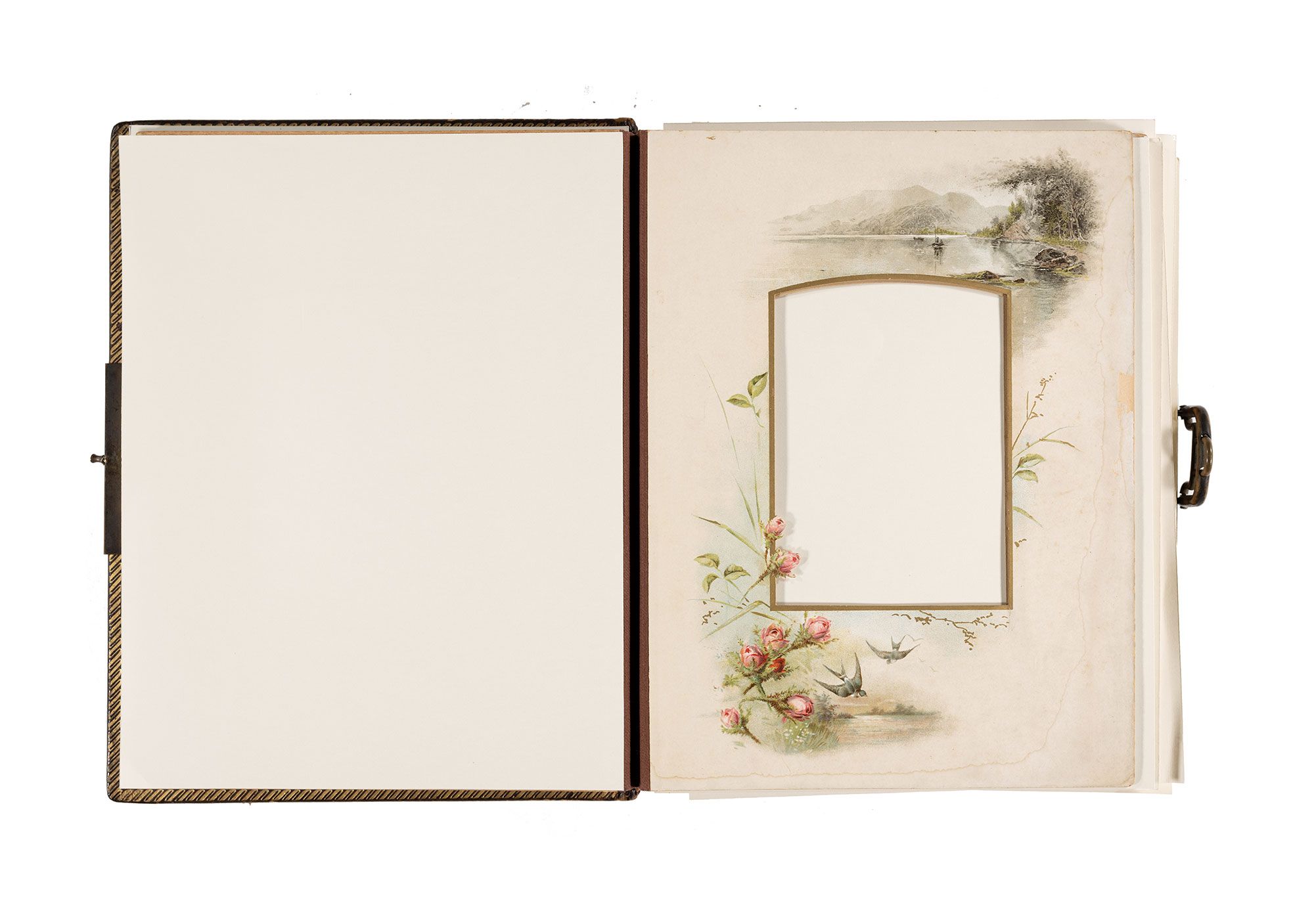 Photo album with heavy leather cover, and cream cardboard pages printed in gold with polychrome floral borders.