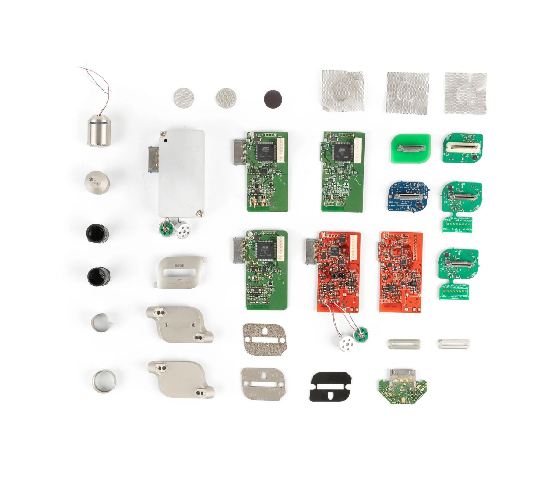 Microchips and components laid out in a grid.