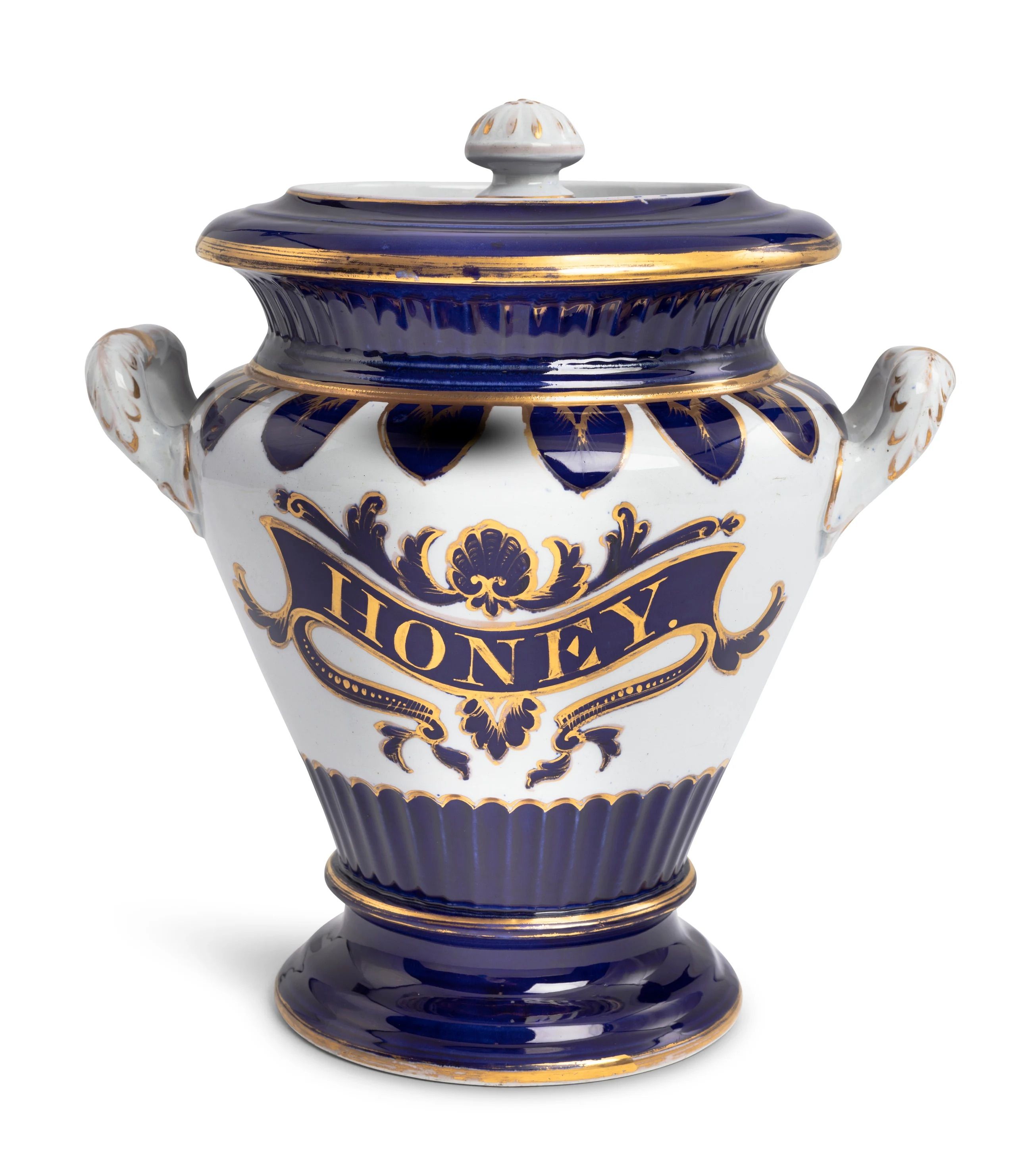 A slip-cast earthenware jar with flared foot, bulbous faceted body, fluted neck and twin handles at shoulders.