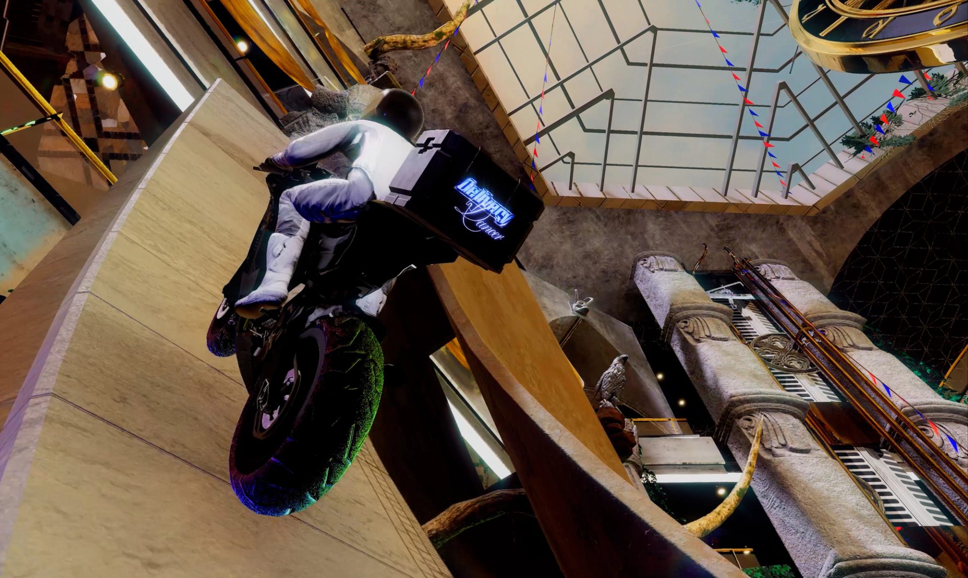 A still from Dancer in the Mirror Field, in which a delivery driver rides a motorcycle up the wall of a futuristic sci-fi mall.