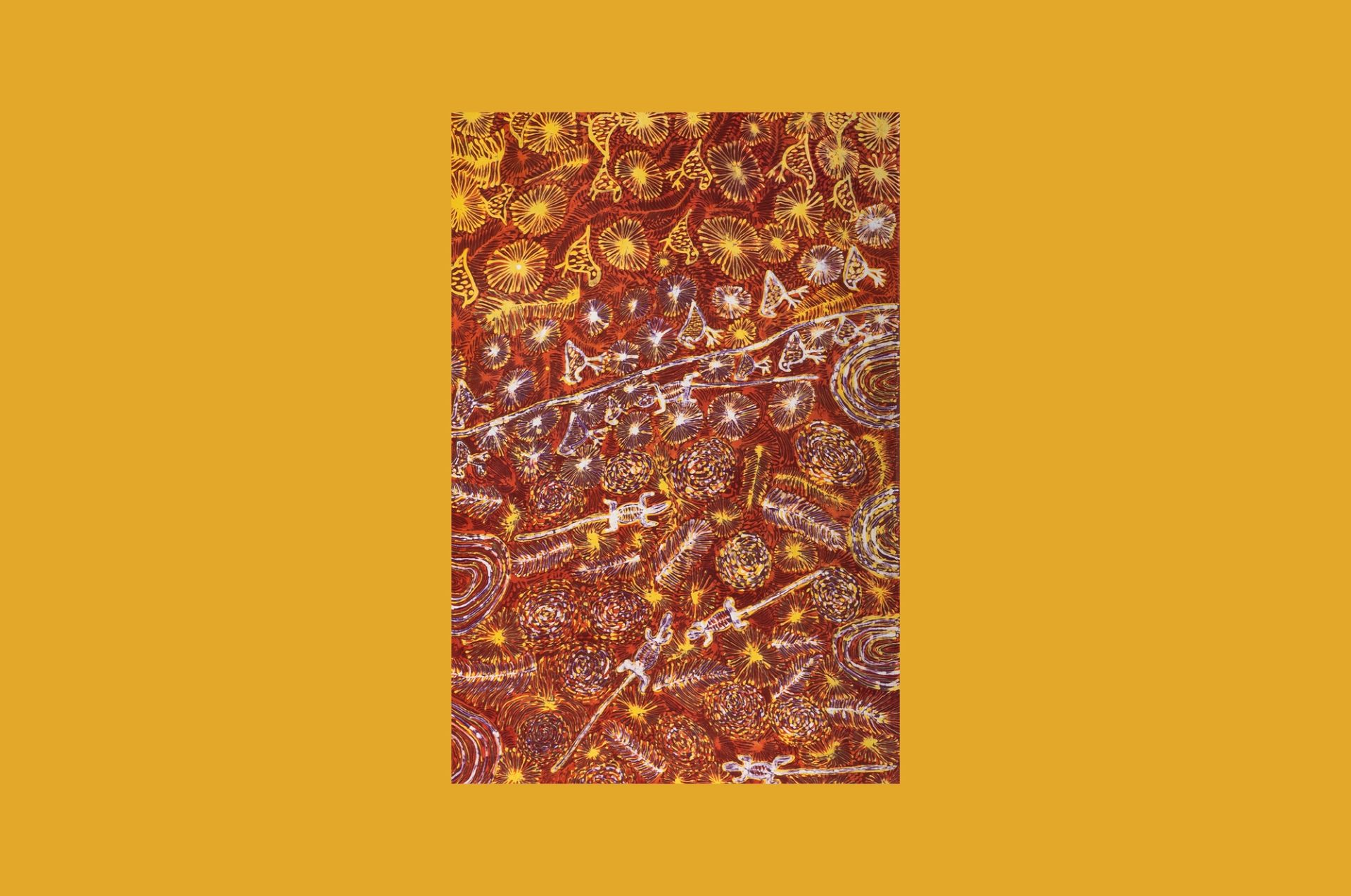 Framed crop of an Aboriginal artwork on a yellow background.