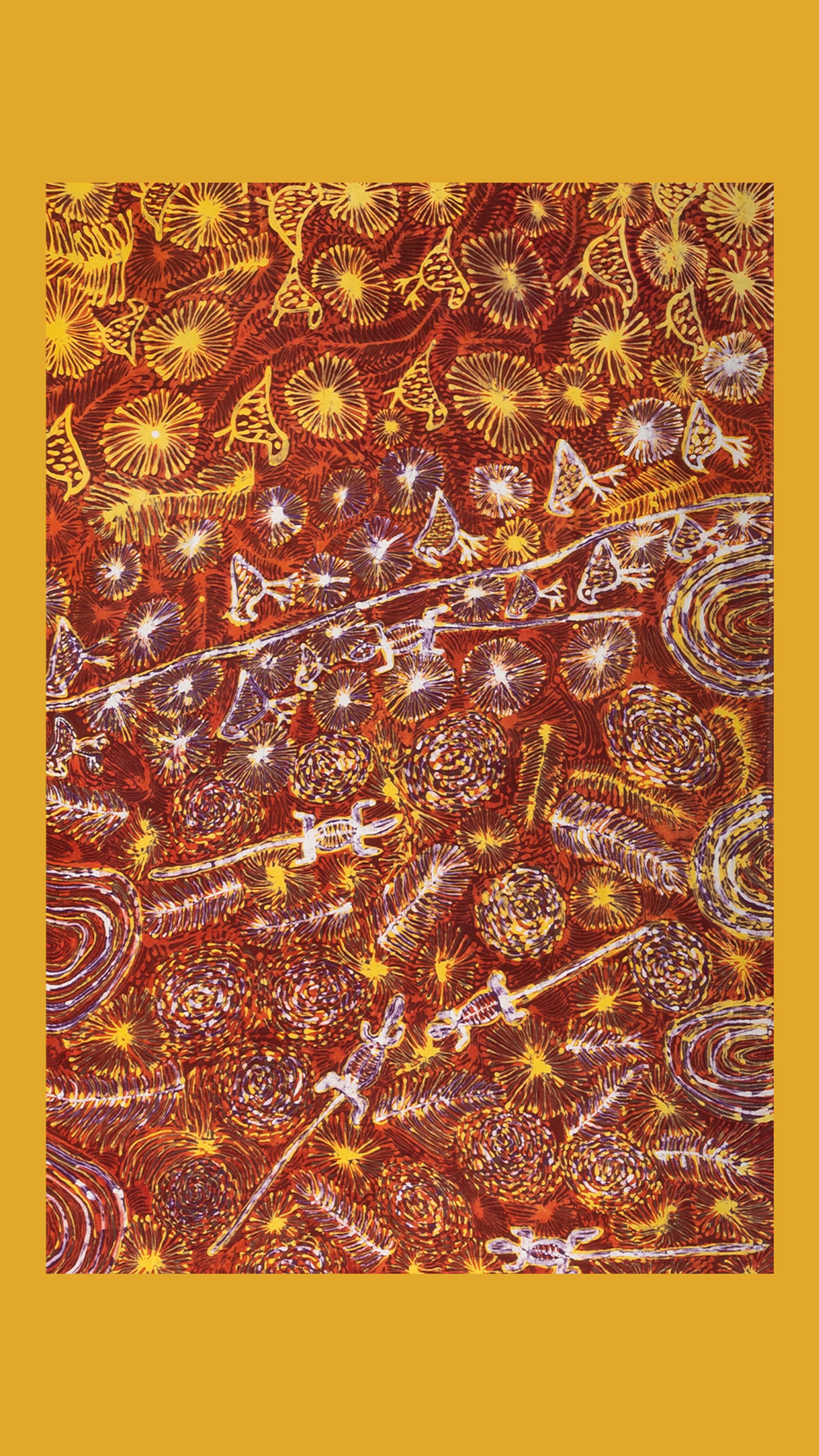 Framed crop of an Aboriginal artwork on a yellow background.
