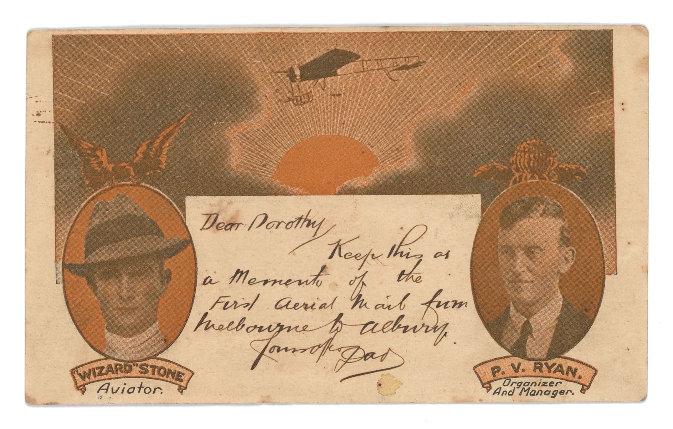 Photograph of a cardboard card, Airmail cover, Australia's first aerial mail. The card shows portraits of two men underneath an illustration of an airplane, between the two portraits is a handwritten letter.