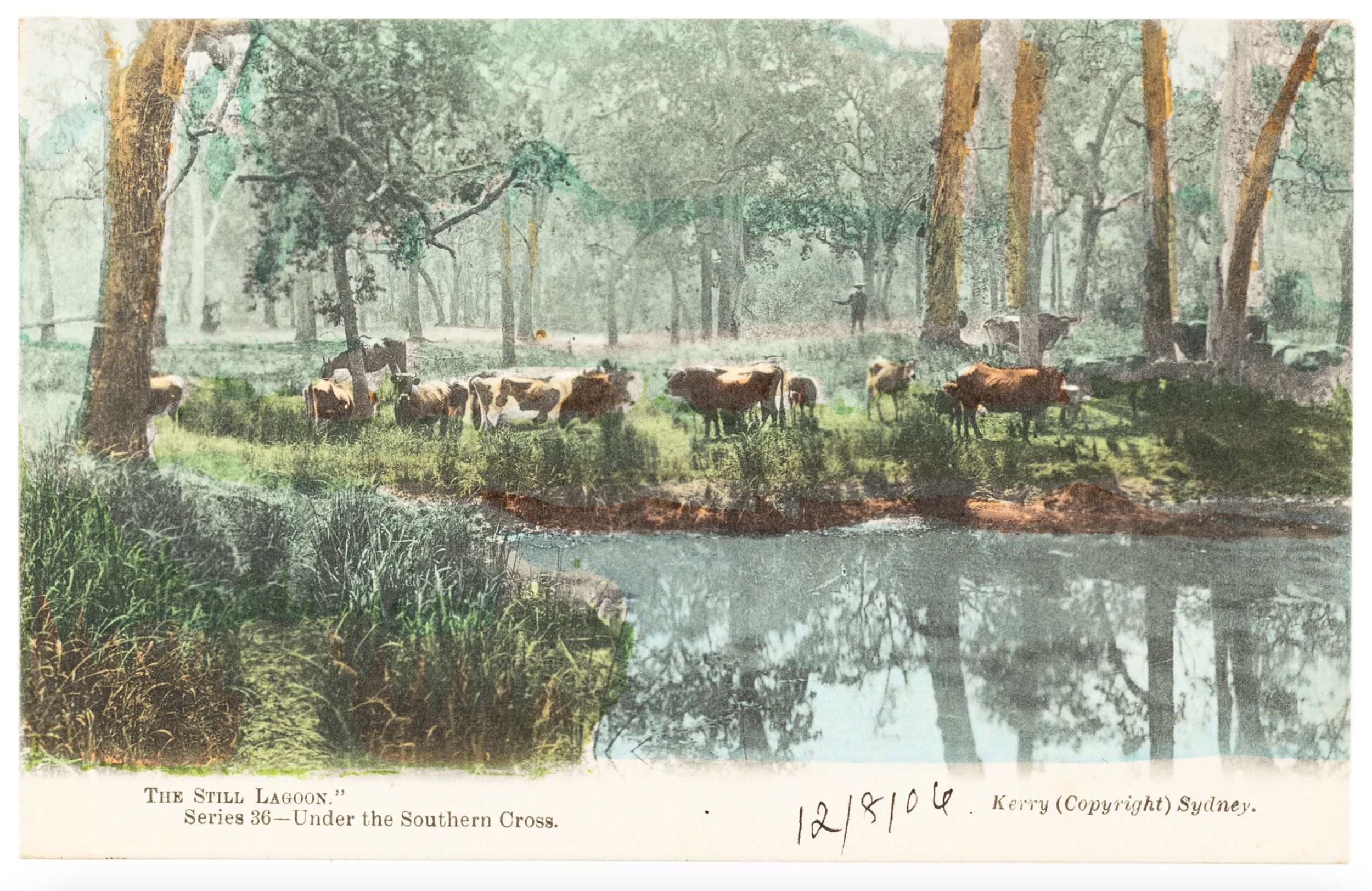 Mechanical print of a lagoon surrounded by cattle.