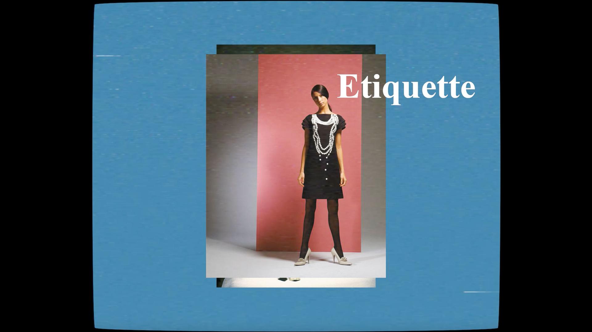 A model wearing black dress, white high heels, and pearl necklace standing in front of a pink background. At the top right of the photo prints 'Etiquette' in white text.