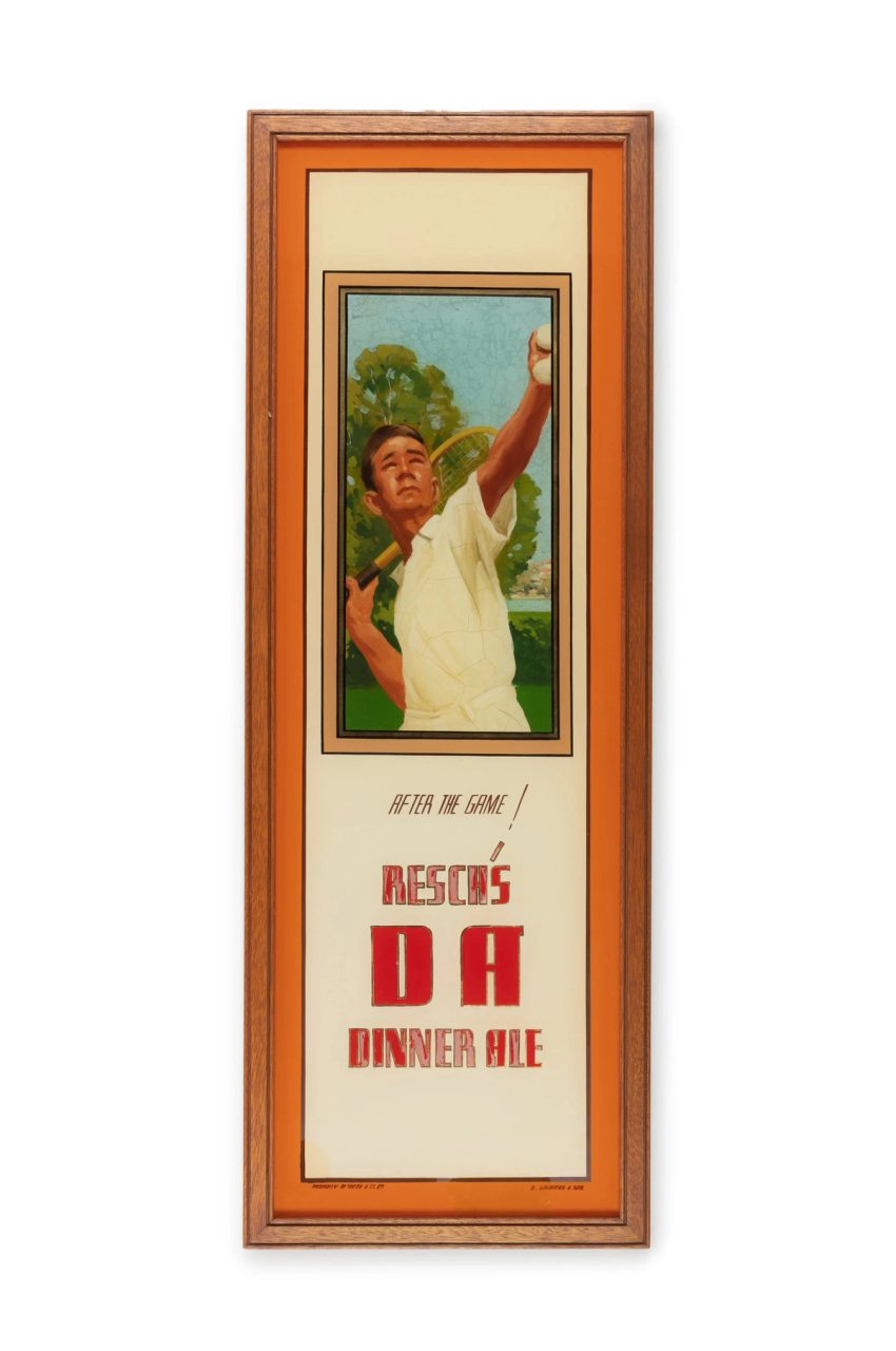Man playing tennis on advertisement for Resch's Dinner Ale.