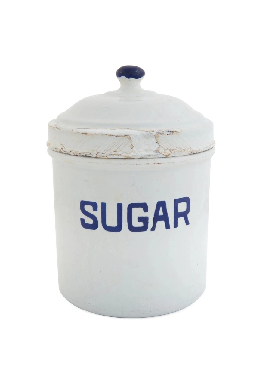 A blue and white enamelled steel kitchen storage canister with lid, labelled 'Sugar'.