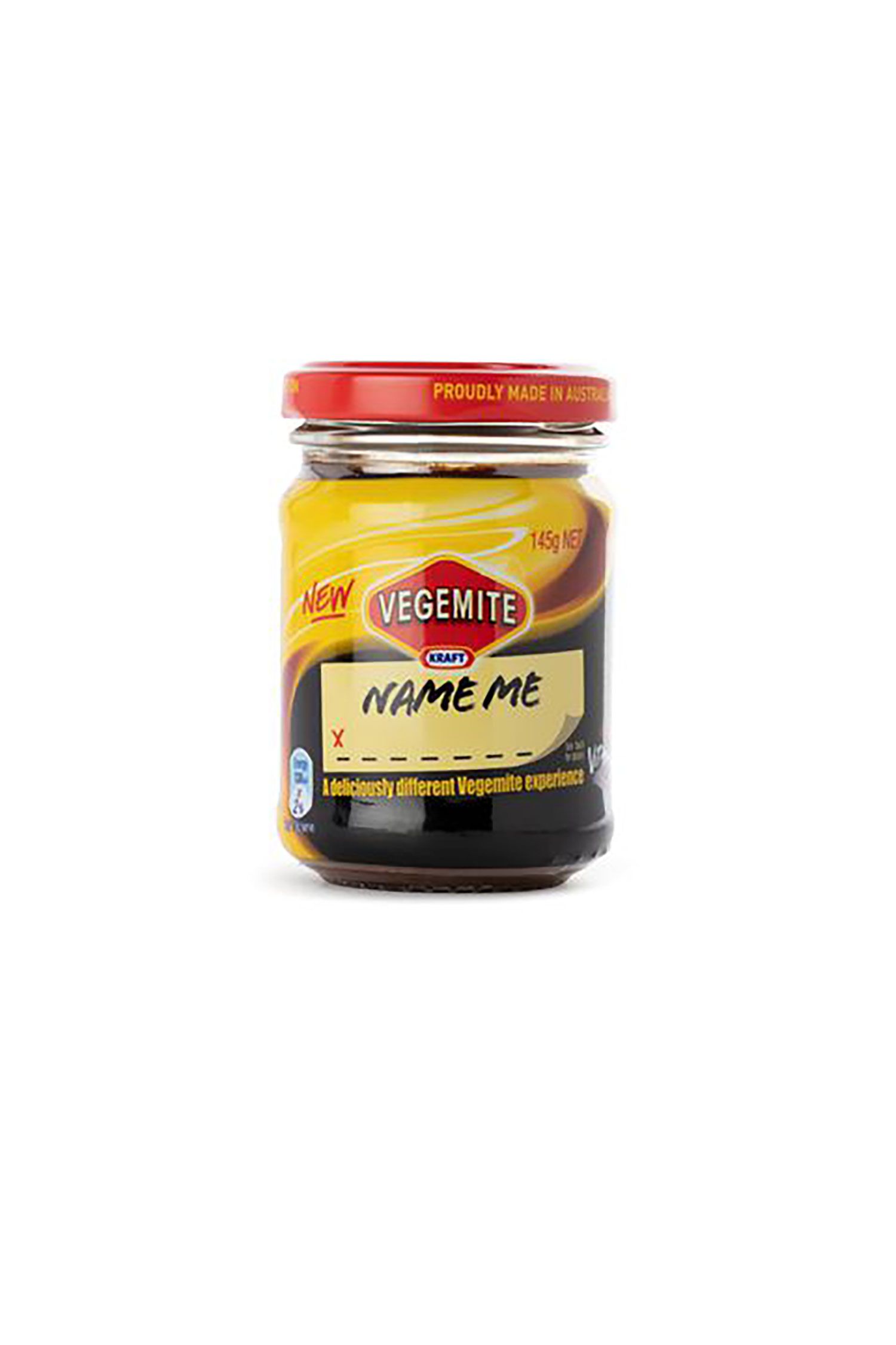 Jar of Vegemite cream cheese spread, 'Name Me', Vegemite / cheese / glass / metal