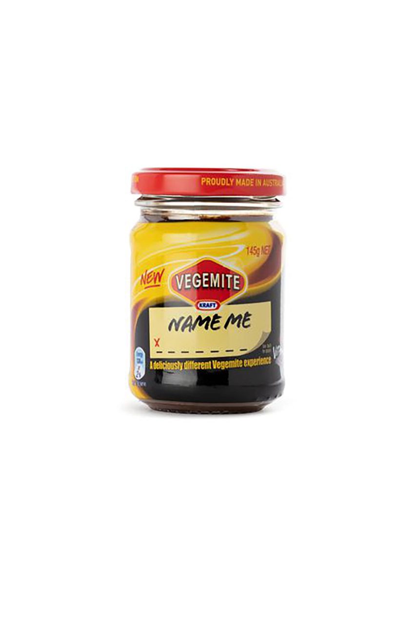 Jar of Vegemite cream cheese spread, 'Name Me', Vegemite / cheese / glass / metal