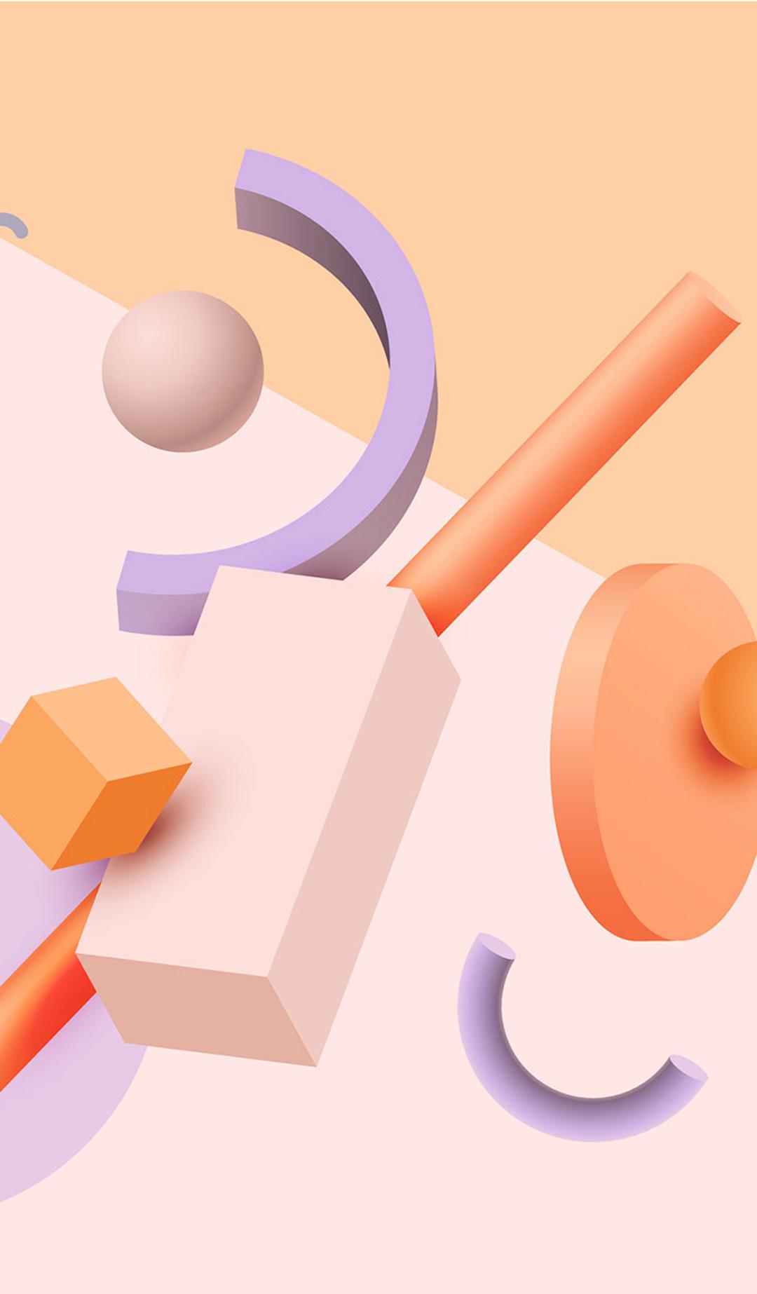 Purple, orange and peach geometric shapes in 3d effect on pink background.