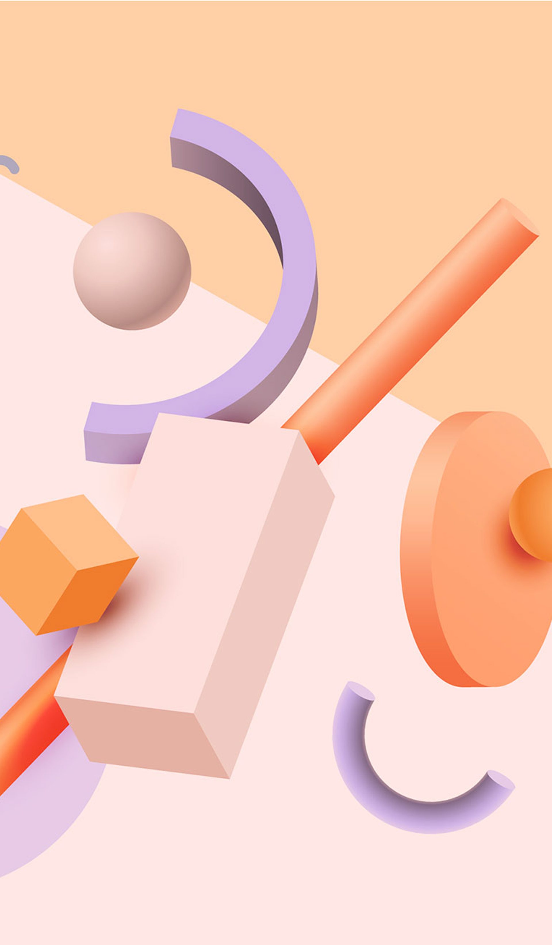 Purple, orange and peach geometric shapes in 3d effect on pink background.