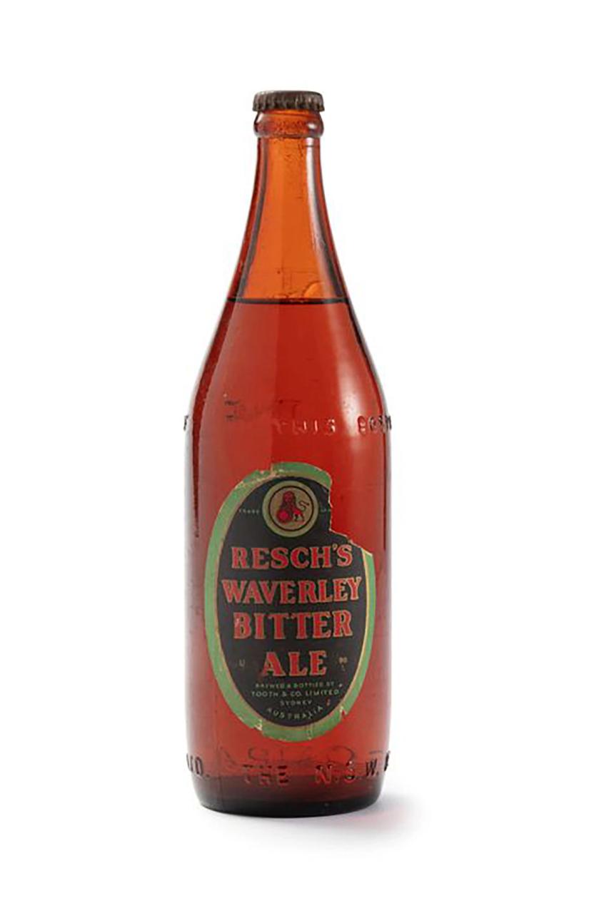 Beer bottle and contents, unopened with label ‘Reschs Waverley Bitter Ale’.