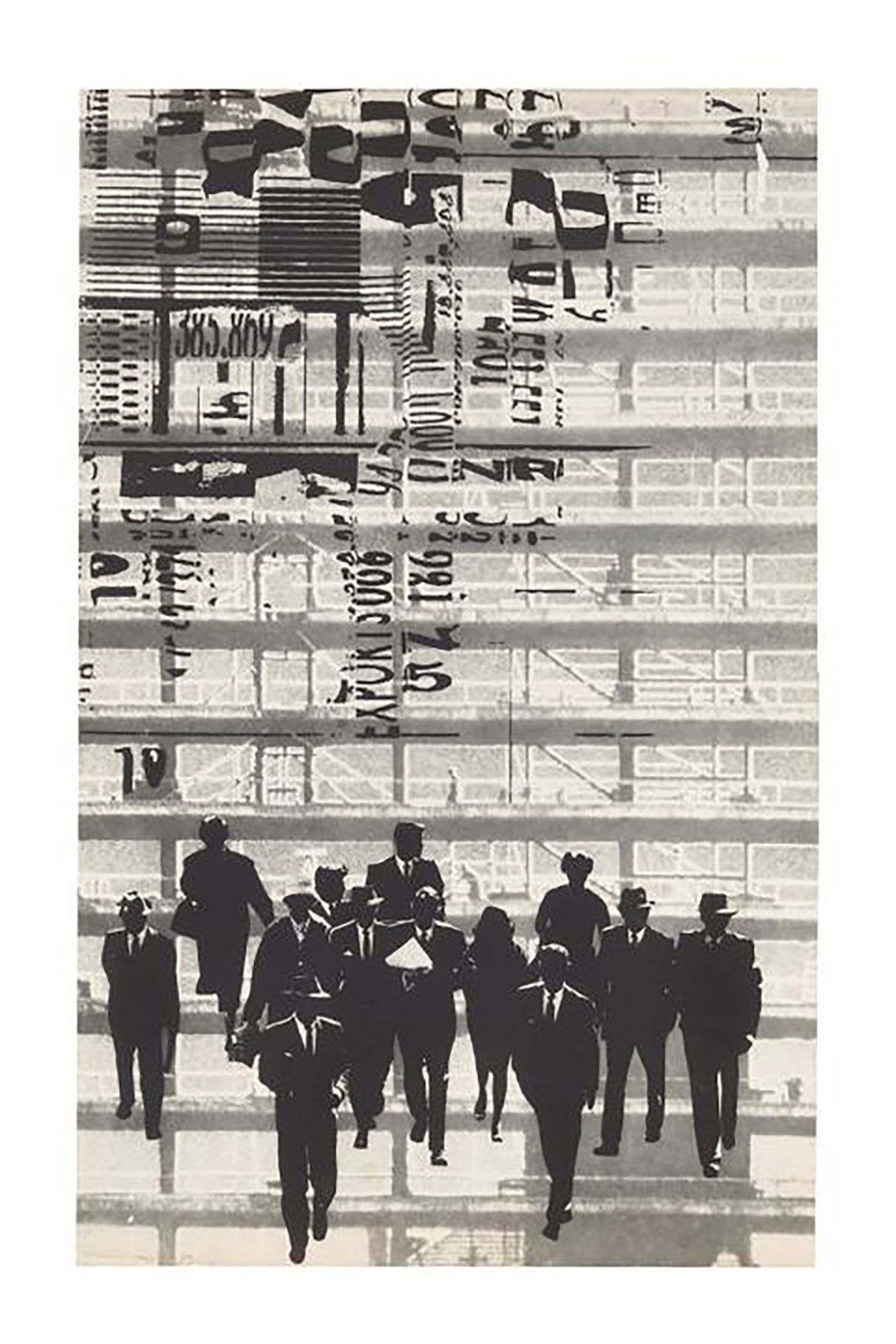 Photograph, black and white, composite by Gordon Andrews, designer and David Moore, photographer, with image of Chevron Hotel, Potts Point, Sydney under construction and pedestrians, Sydney, 1960. Background image of Chevron Hotel under construction at Potts Point with collage of individual pedestrians in Sydney CBD in the foreground.