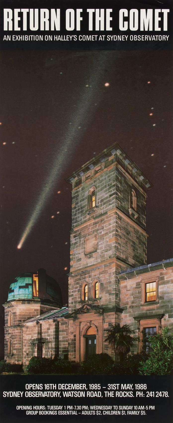 Colour poster to promote the ‘Return of the Comet’ showing Halley’s Comet behind the Sydney Observatory