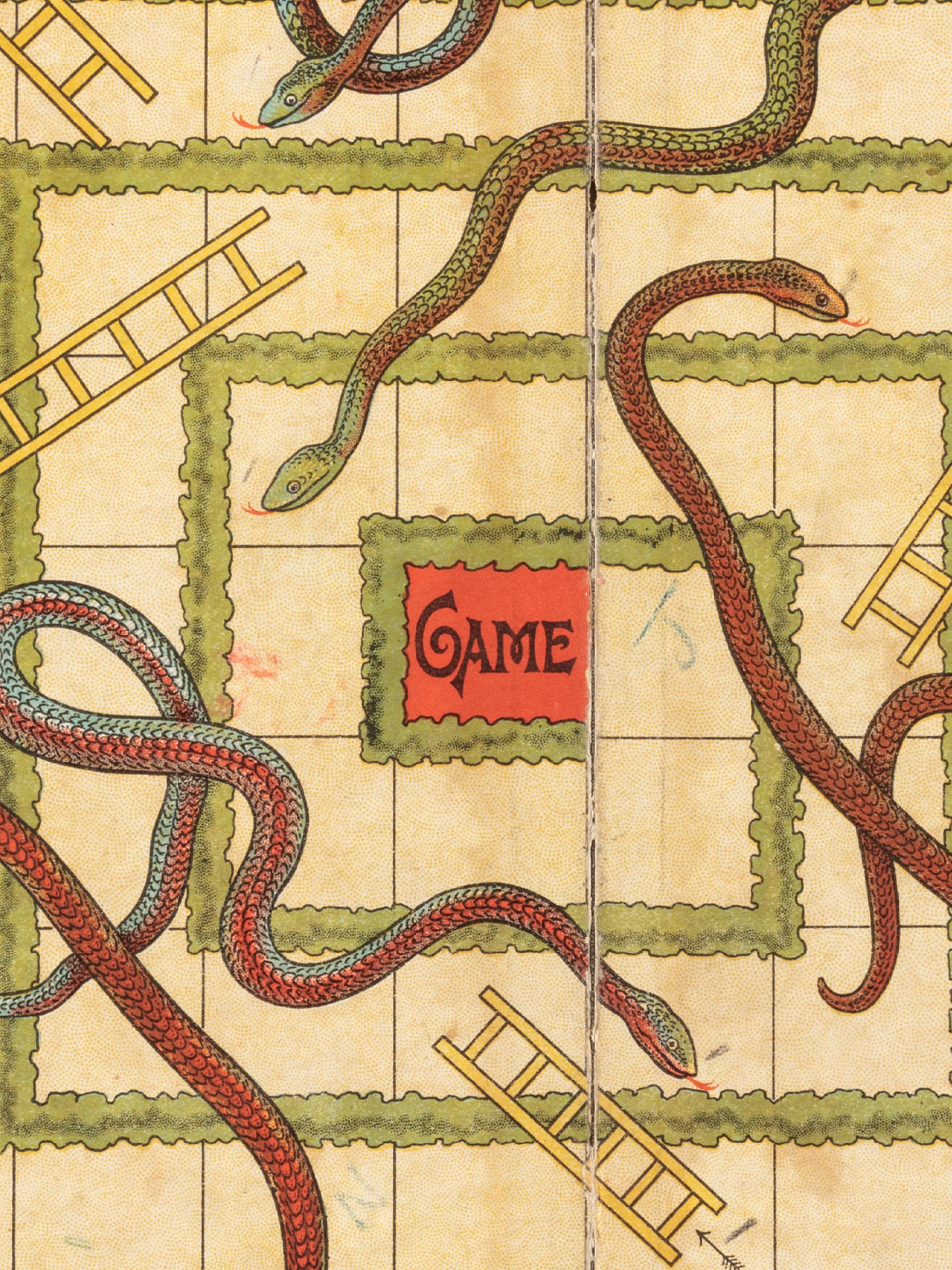 Snakes and Ladders game board with green cardboard backing. Square spiral track without numbers, the first square labeled 'START' and last 'GAME'.