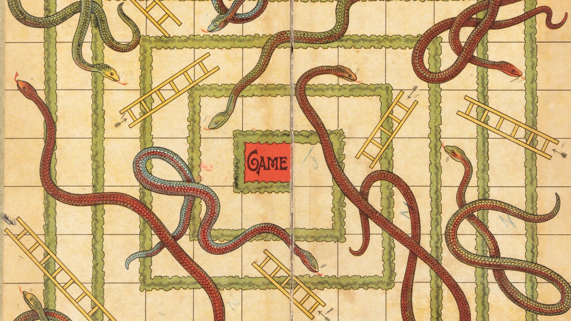 Snakes and Ladders game board with green cardboard backing. Square spiral track without numbers, the first square labeled 'START' and last 'GAME'.