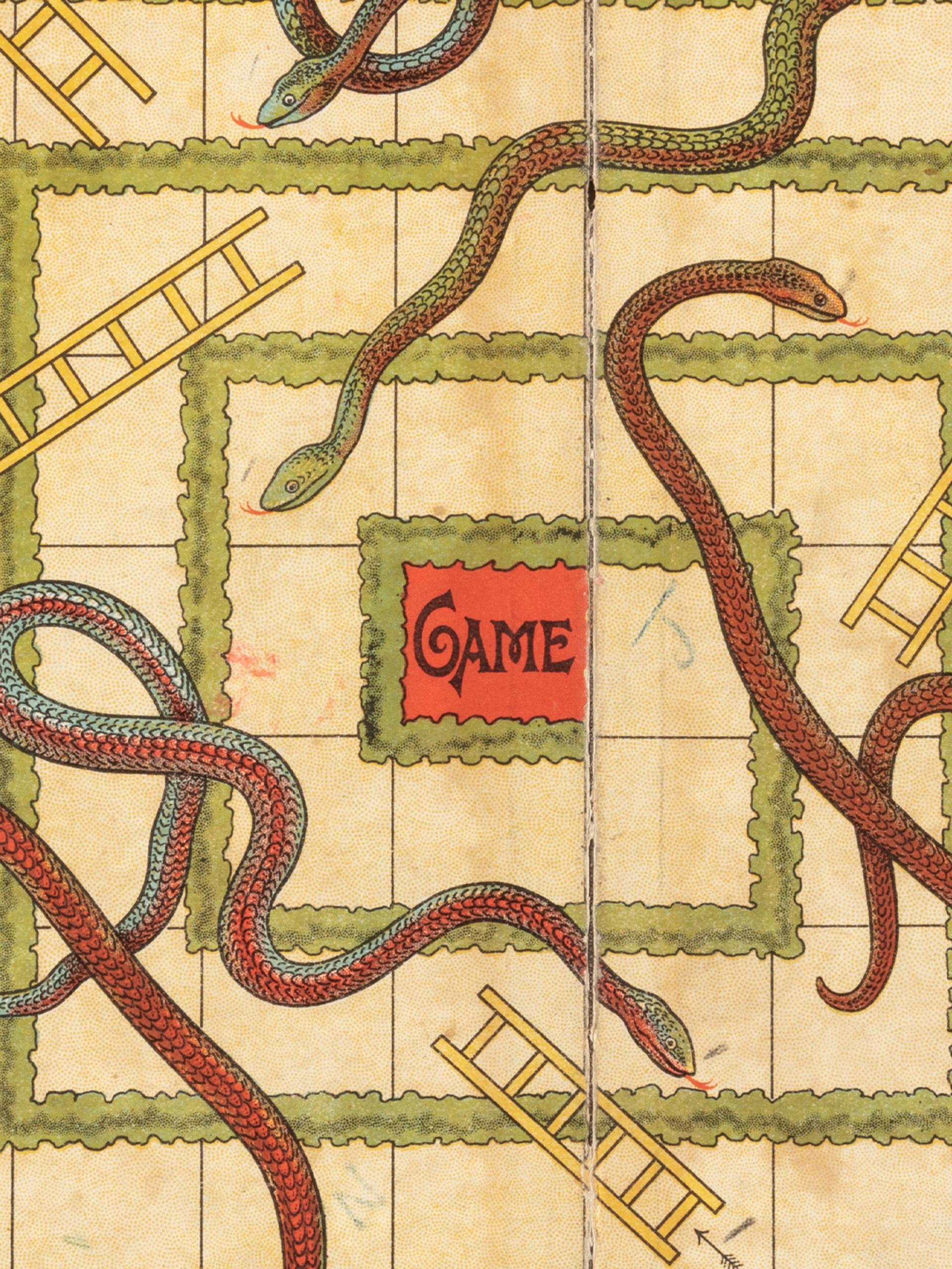 Snakes and Ladders game board with green cardboard backing. Square spiral track without numbers, the first square labeled 'START' and last 'GAME'.
