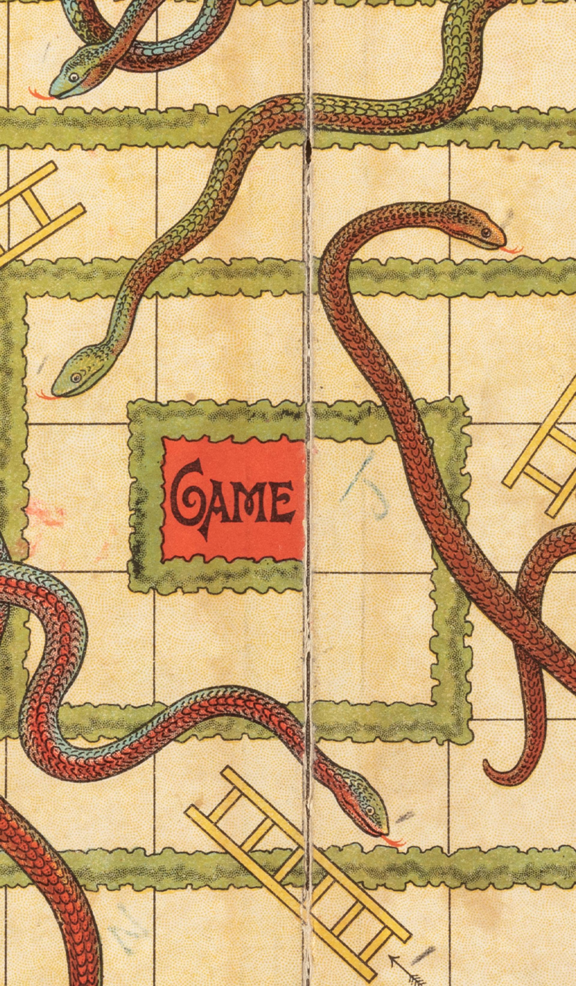 Snakes and Ladders game board with green cardboard backing. Square spiral track without numbers, the first square labeled 'START' and last 'GAME'.