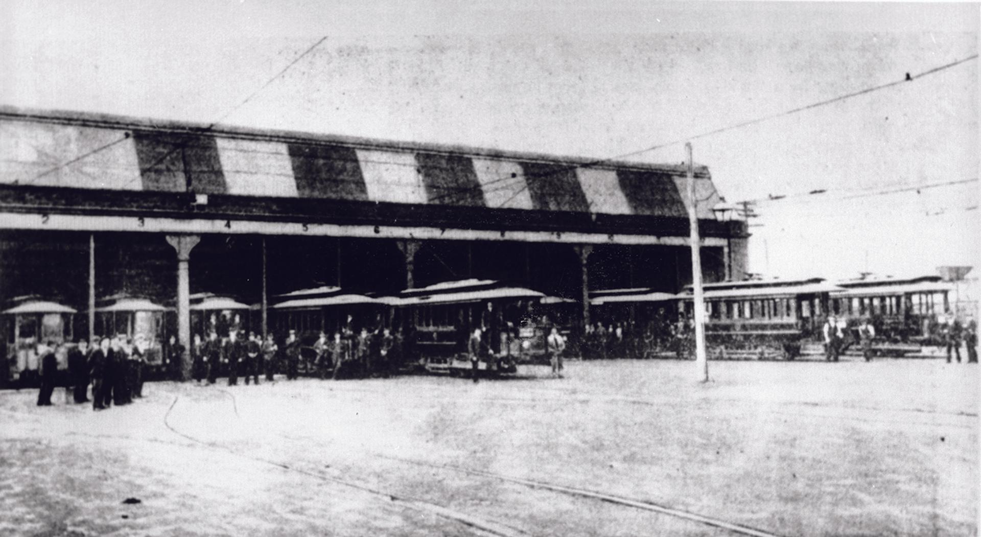 Vintage black and white photograph of tram yards