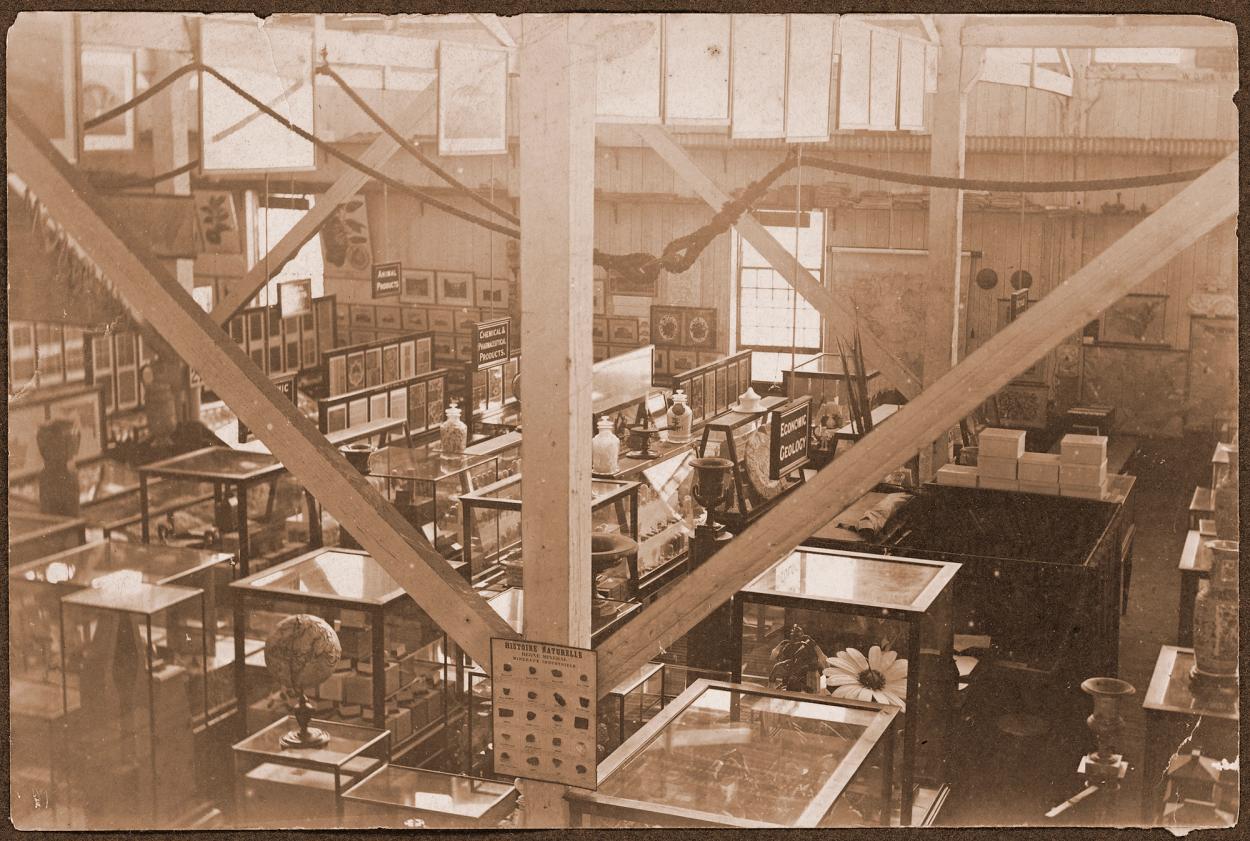 Sepia photograph of an elevated view of exhibits within the Technological Museum, Domain