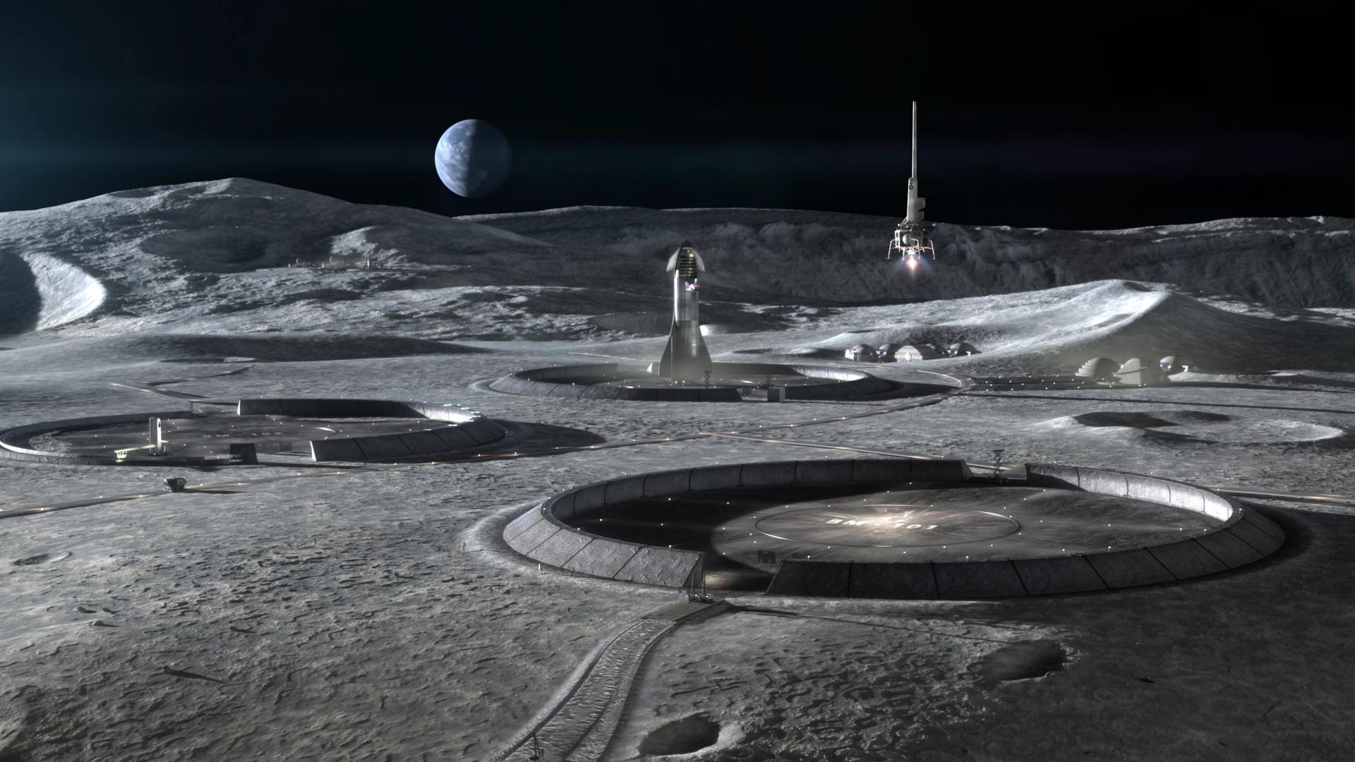 Depicts built structures on the Moon’s surface with Earth visible on the horizon.