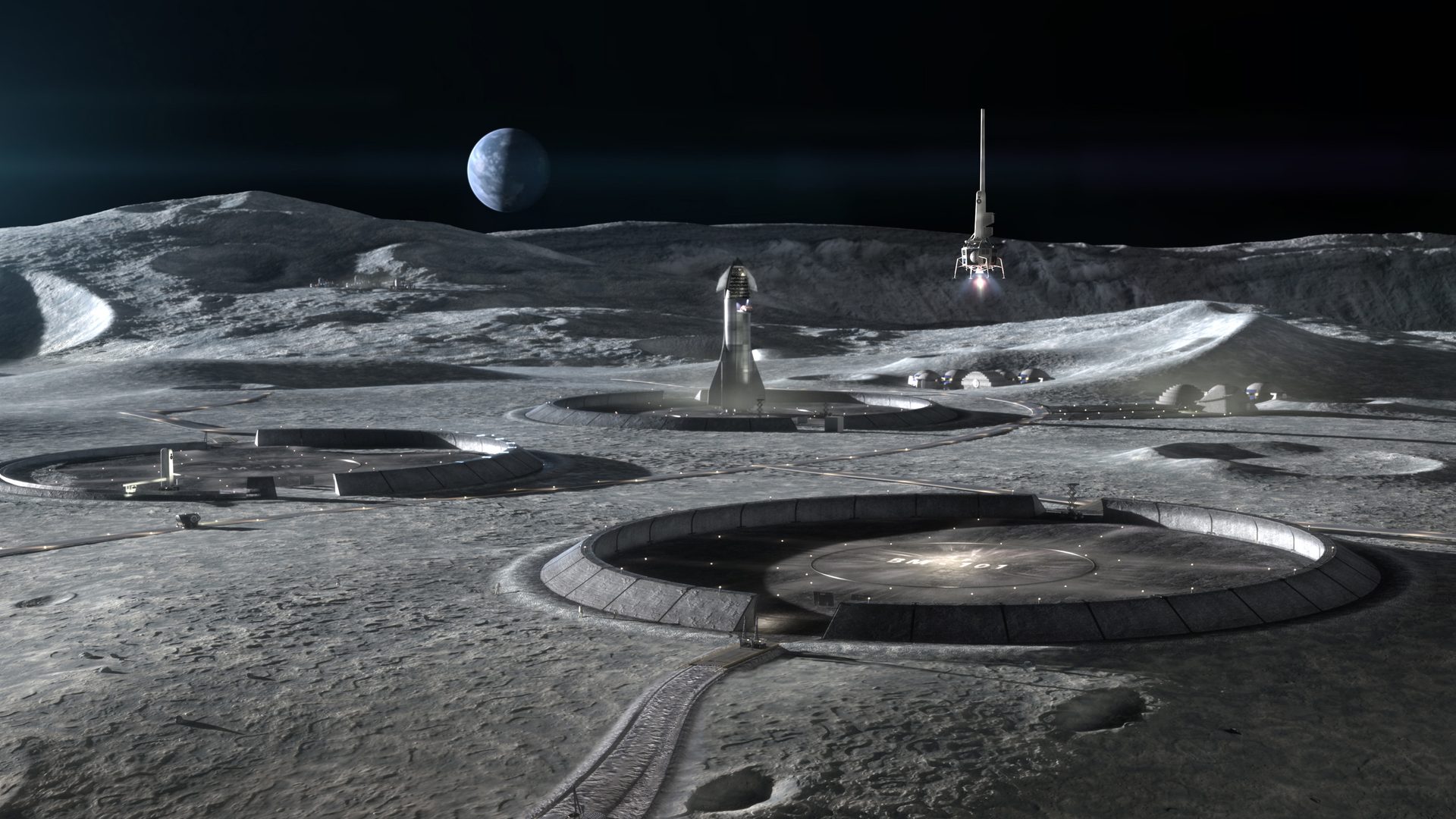 Depicts built structures on the Moon’s surface with Earth visible on the horizon.