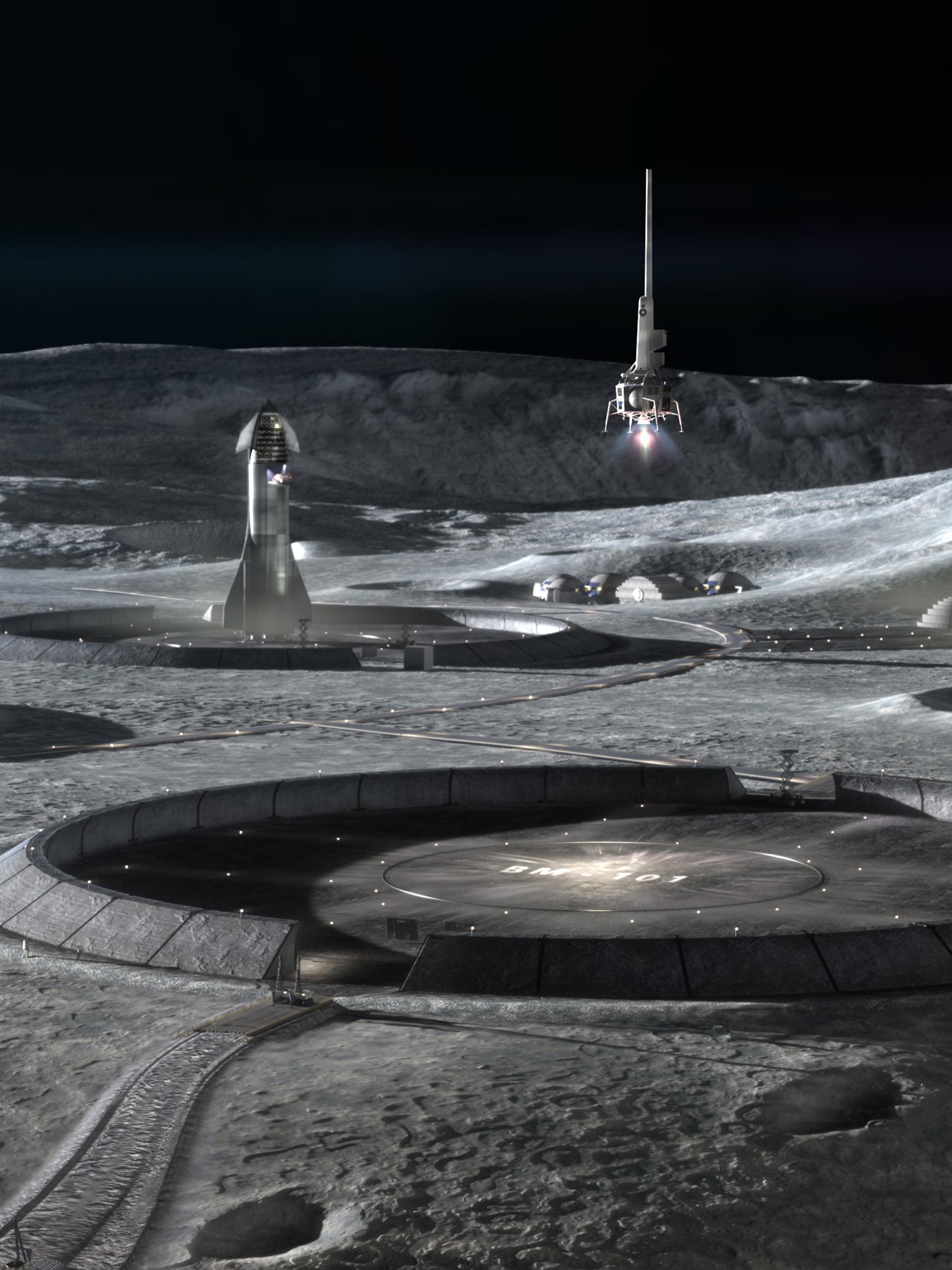 Depicts built structures on the Moon’s surface with Earth visible on the horizon.