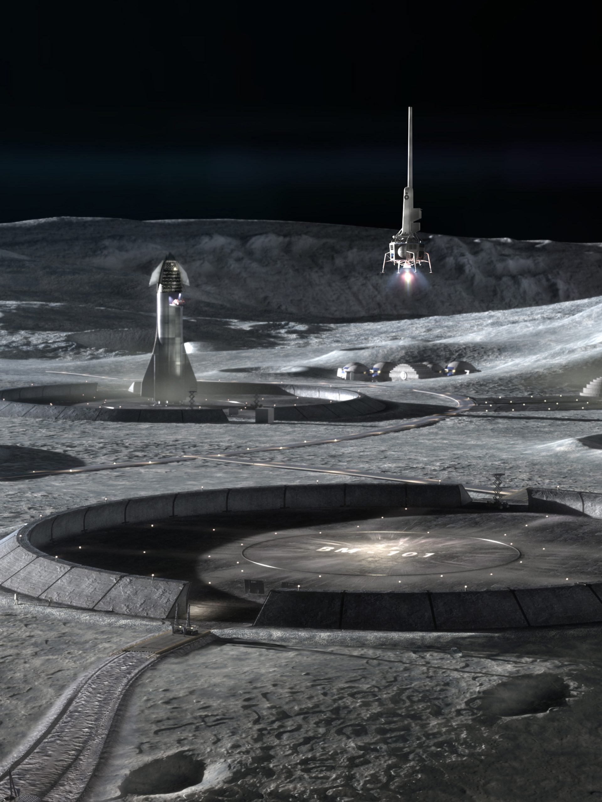 Depicts built structures on the Moon’s surface with Earth visible on the horizon.