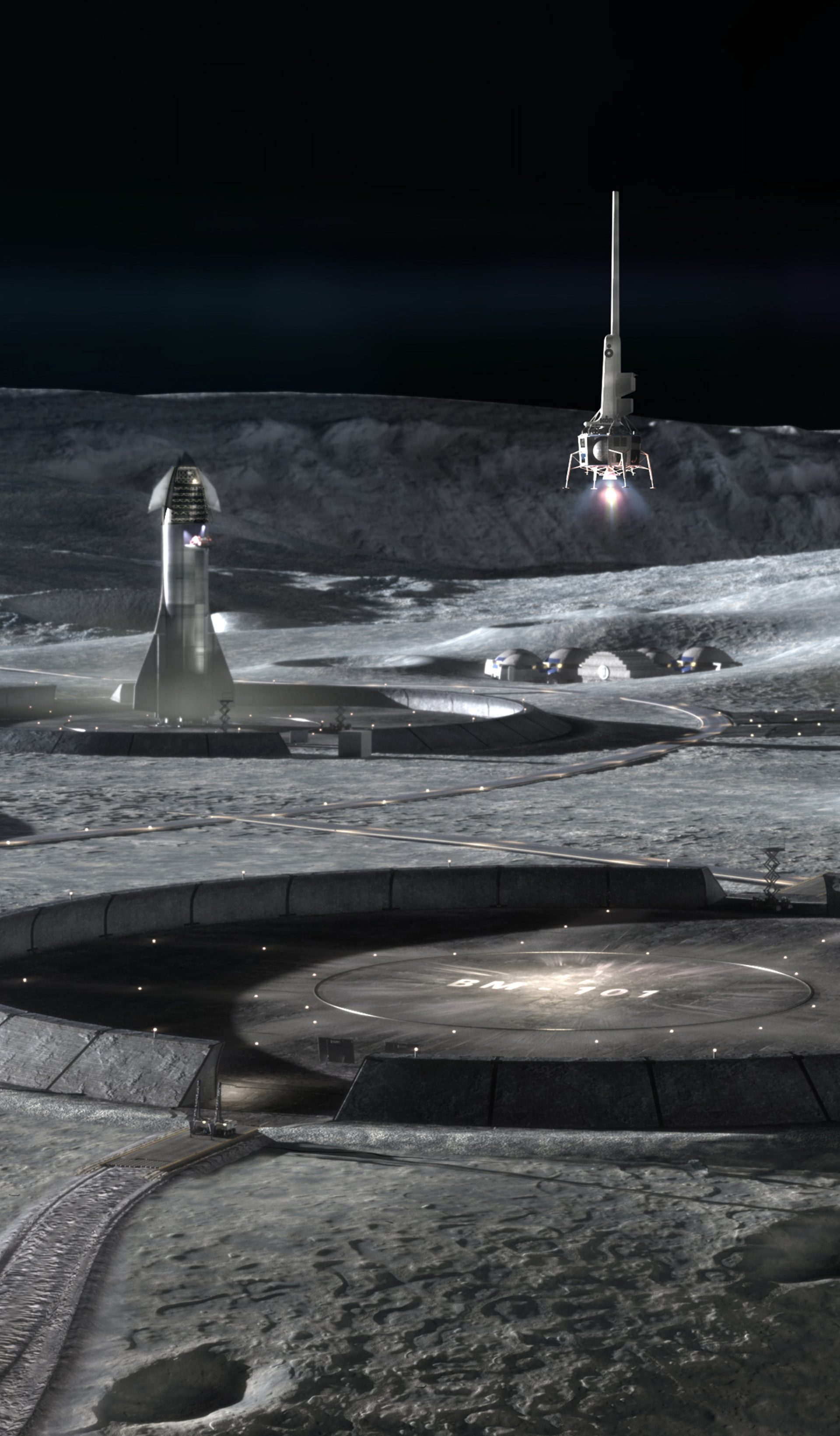 Depicts built structures on the Moon’s surface with Earth visible on the horizon.