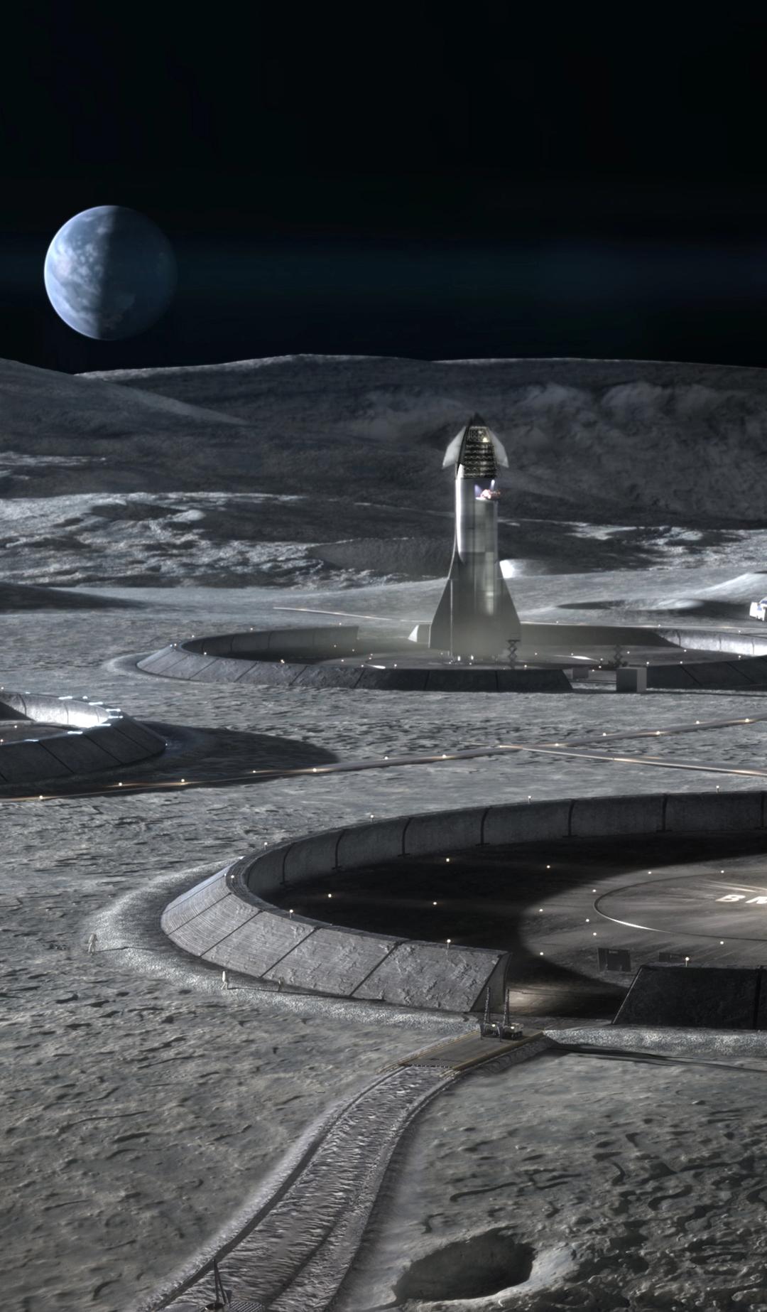 Depicts built structures on the Moon’s surface with Earth visible on the horizon.