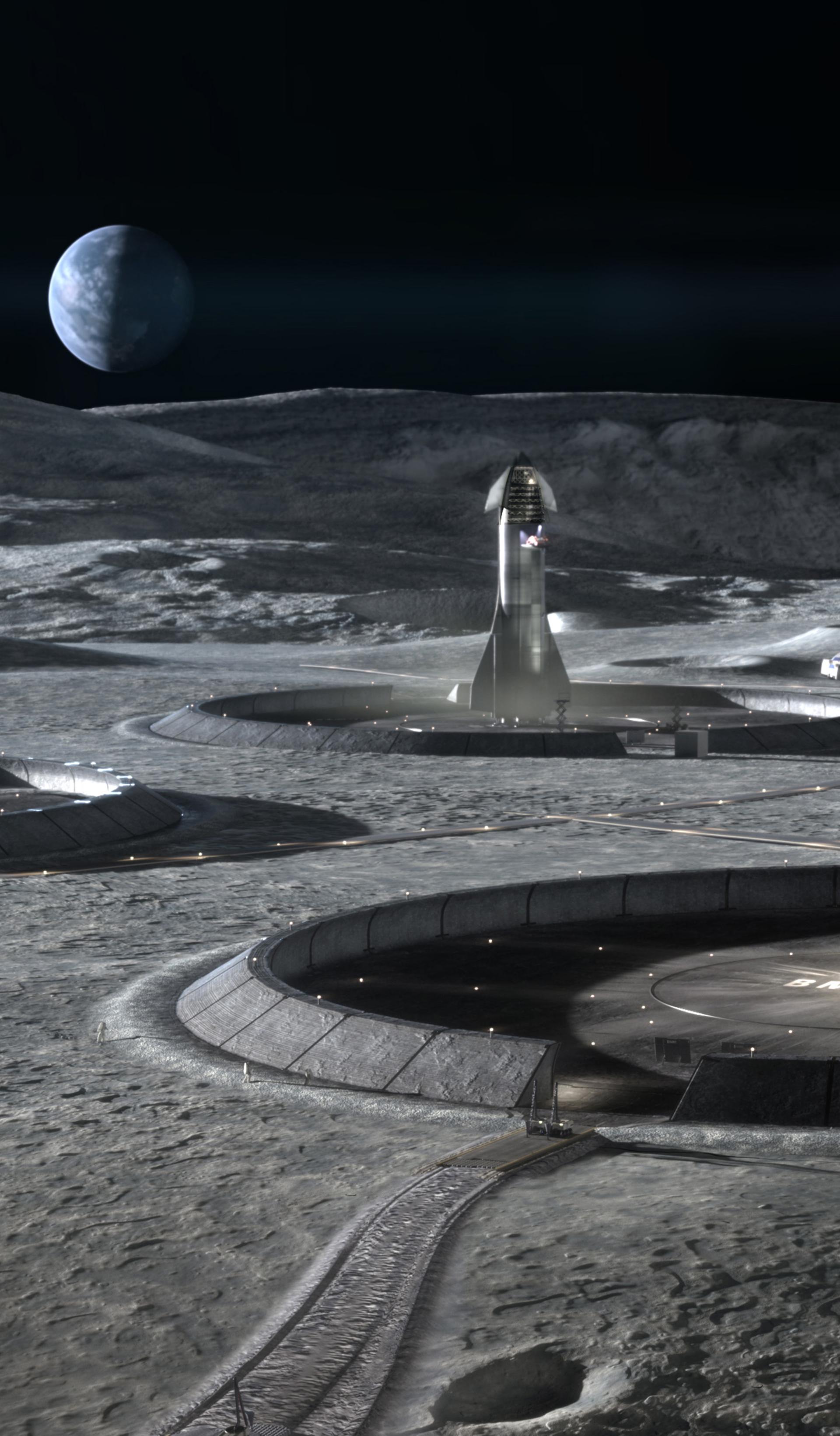 Depicts built structures on the Moon’s surface with Earth visible on the horizon.
