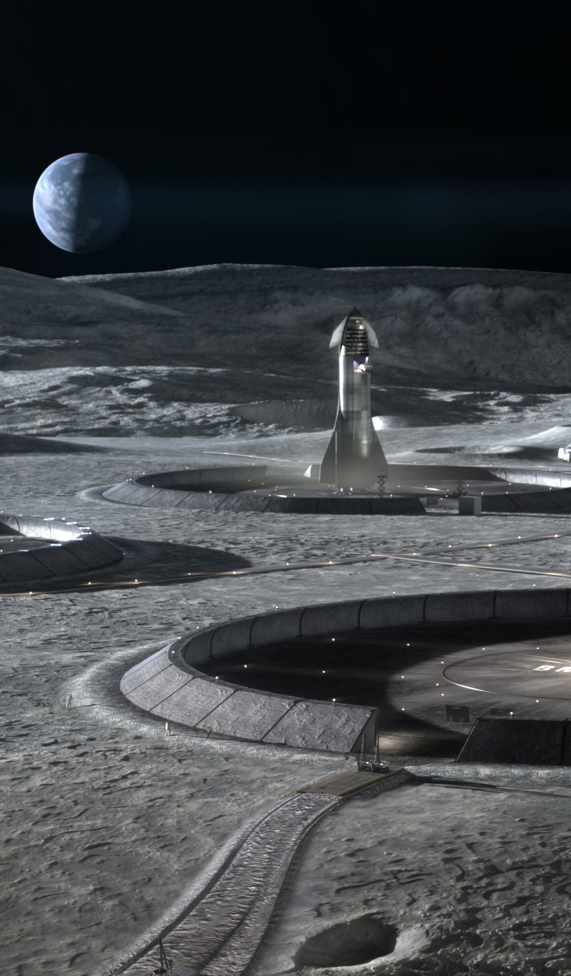 Depicts built structures on the Moon’s surface with Earth visible on the horizon.