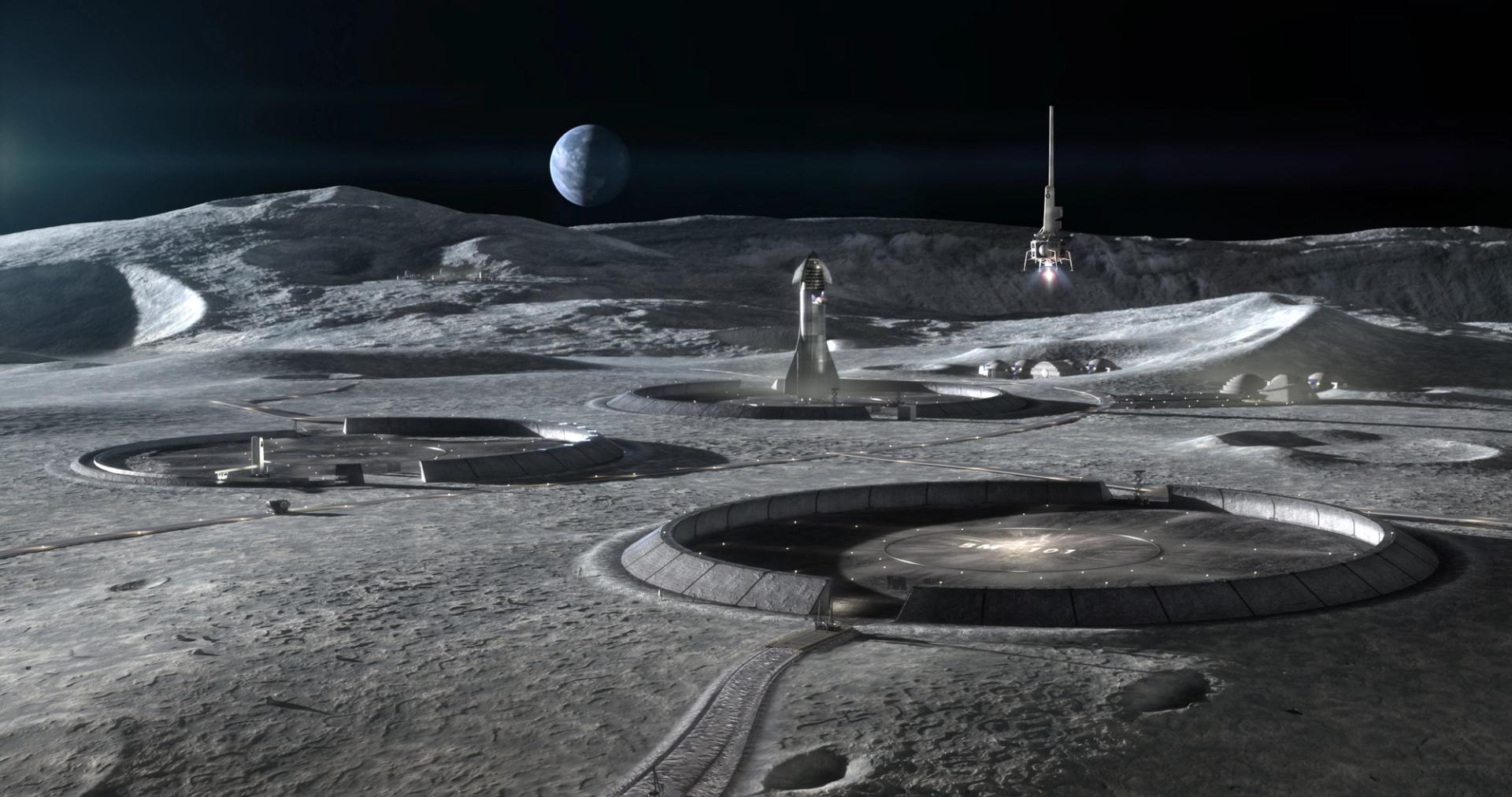 Depicts built structures on the Moon’s surface with Earth visible on the horizon.