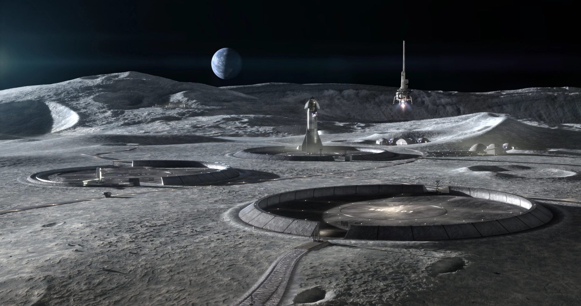 Depicts built structures on the Moon’s surface with Earth visible on the horizon.