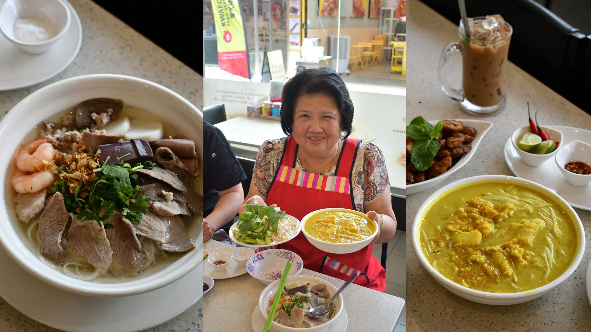 Triptych featuring a bowl of Hu Tieu Dai Thap Cam Nuroc noodle soup, Cambodian fish lemongrass soup and Battambang II founder Soc Kieng Hua ‘Aunty’.