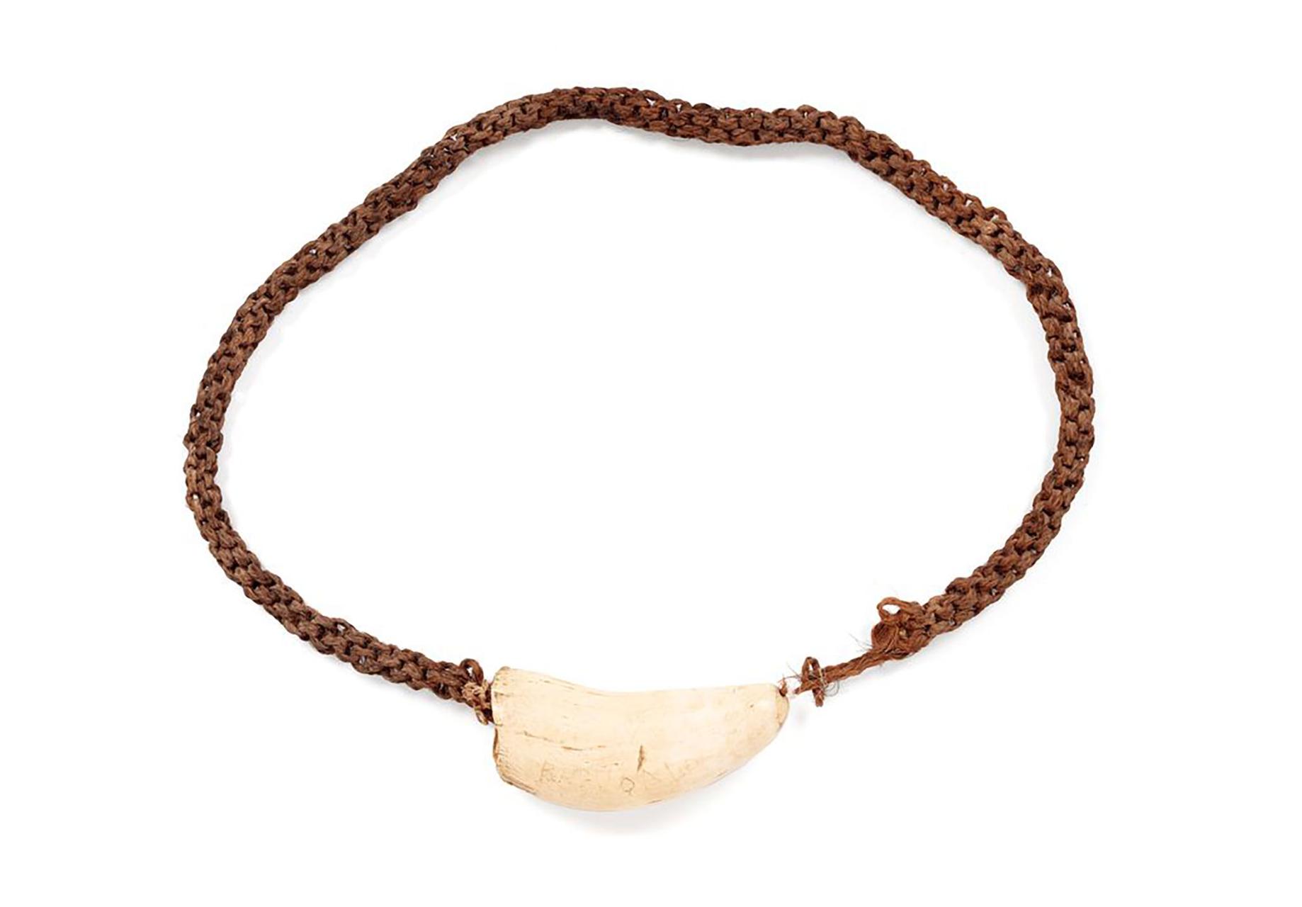 A heavy neck ornament of a large sperm whale tooth on a long platted rope made of coconut fibres.