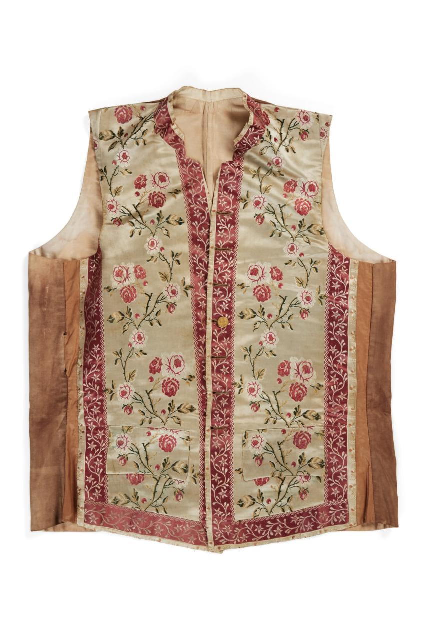 Light brown and floral patterned mens waistcoat made of silk brocade and cotton.