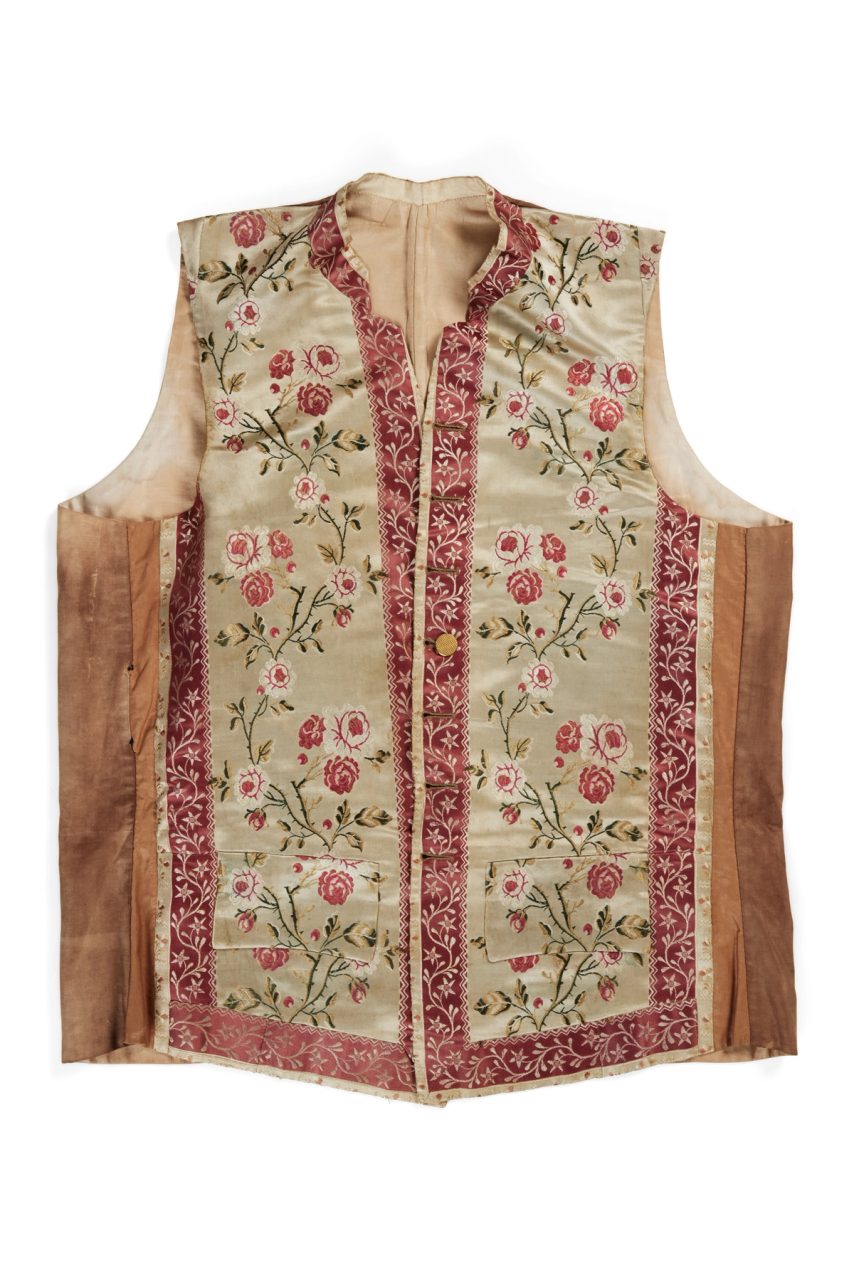 Light brown and floral patterned mens waistcoat made of silk brocade and cotton.