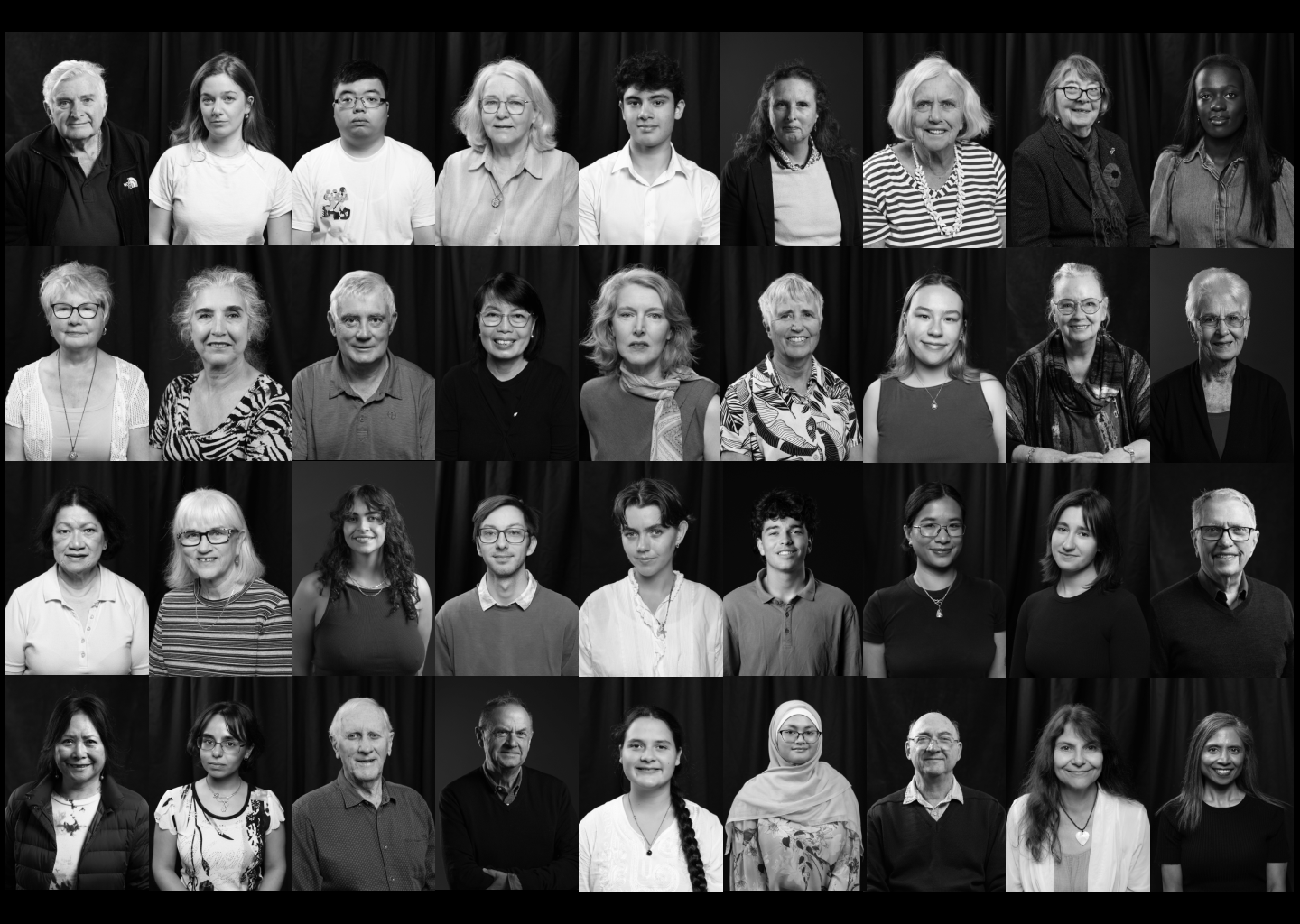 Grid of multiple black and white unique portraits, of diverse age, background and identity.