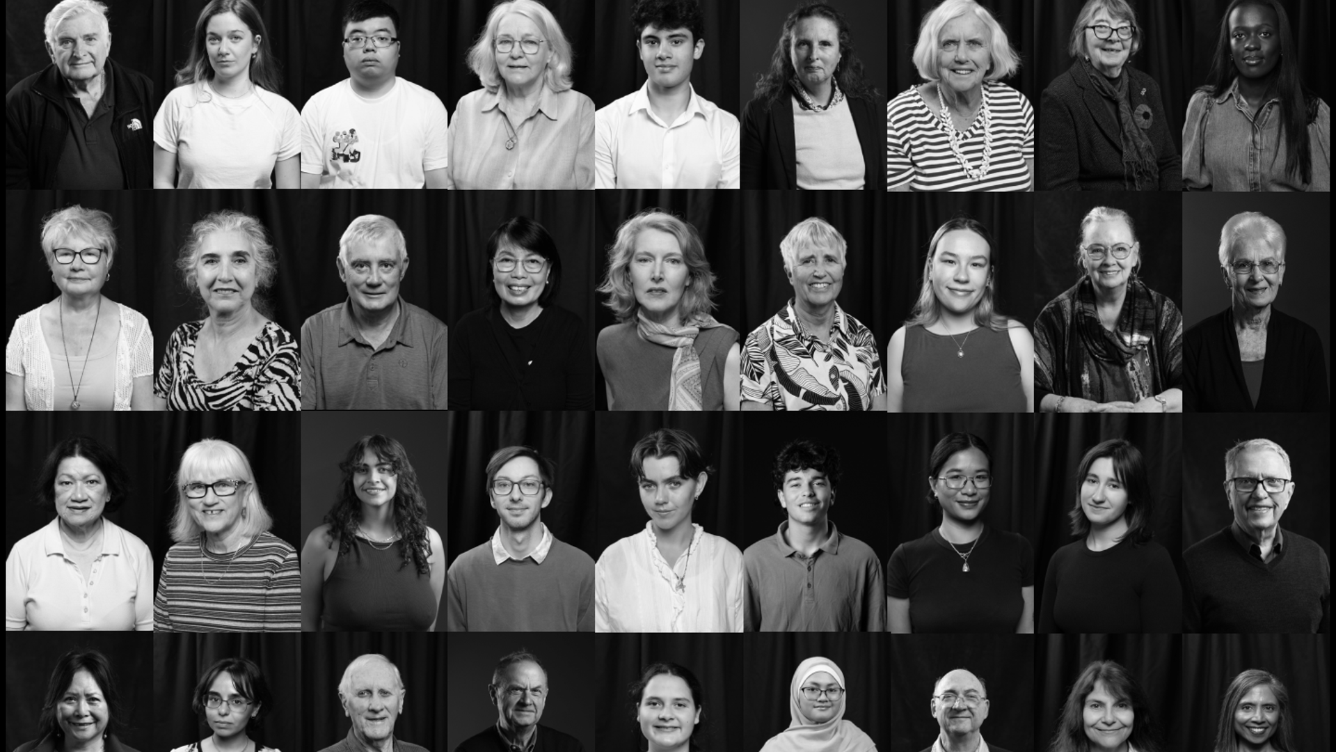 Grid of multiple black and white unique portraits, of diverse age, background and identity.