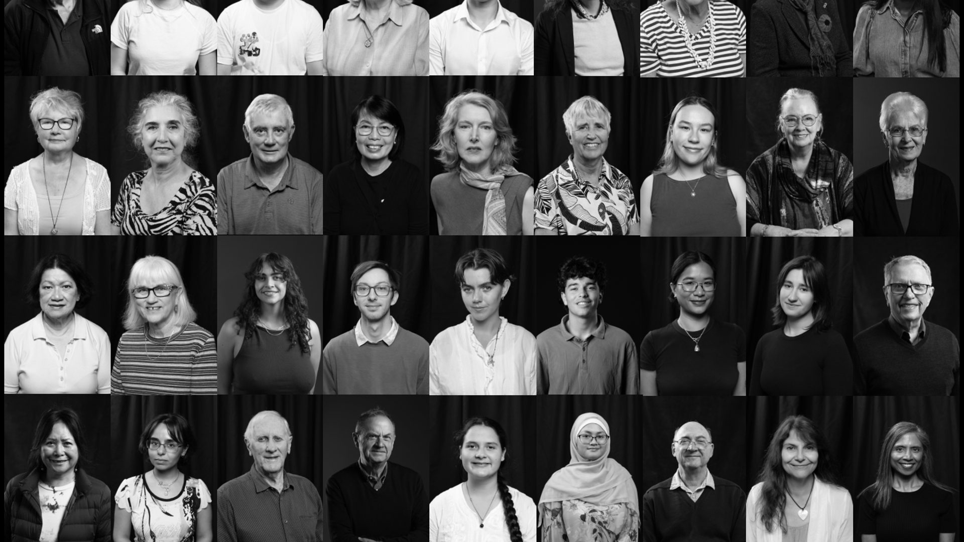 Grid of multiple black and white unique portraits, of diverse age, background and identity.