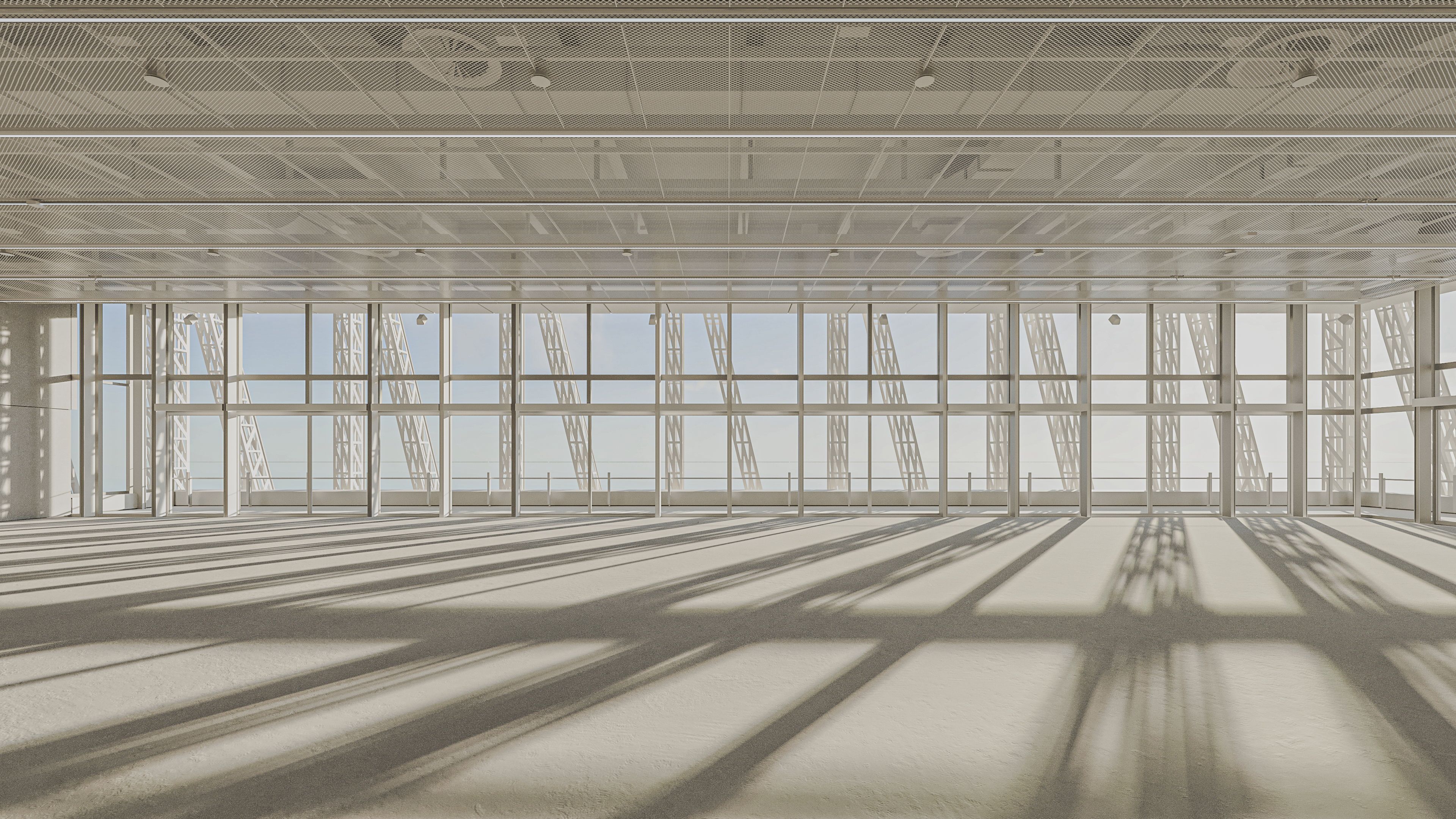 A 3D render of a large empty space (PS7, Powerhouse Parramatta), a large glass window supported by beams looking out to a white exoskeleton structure and a blue sky.